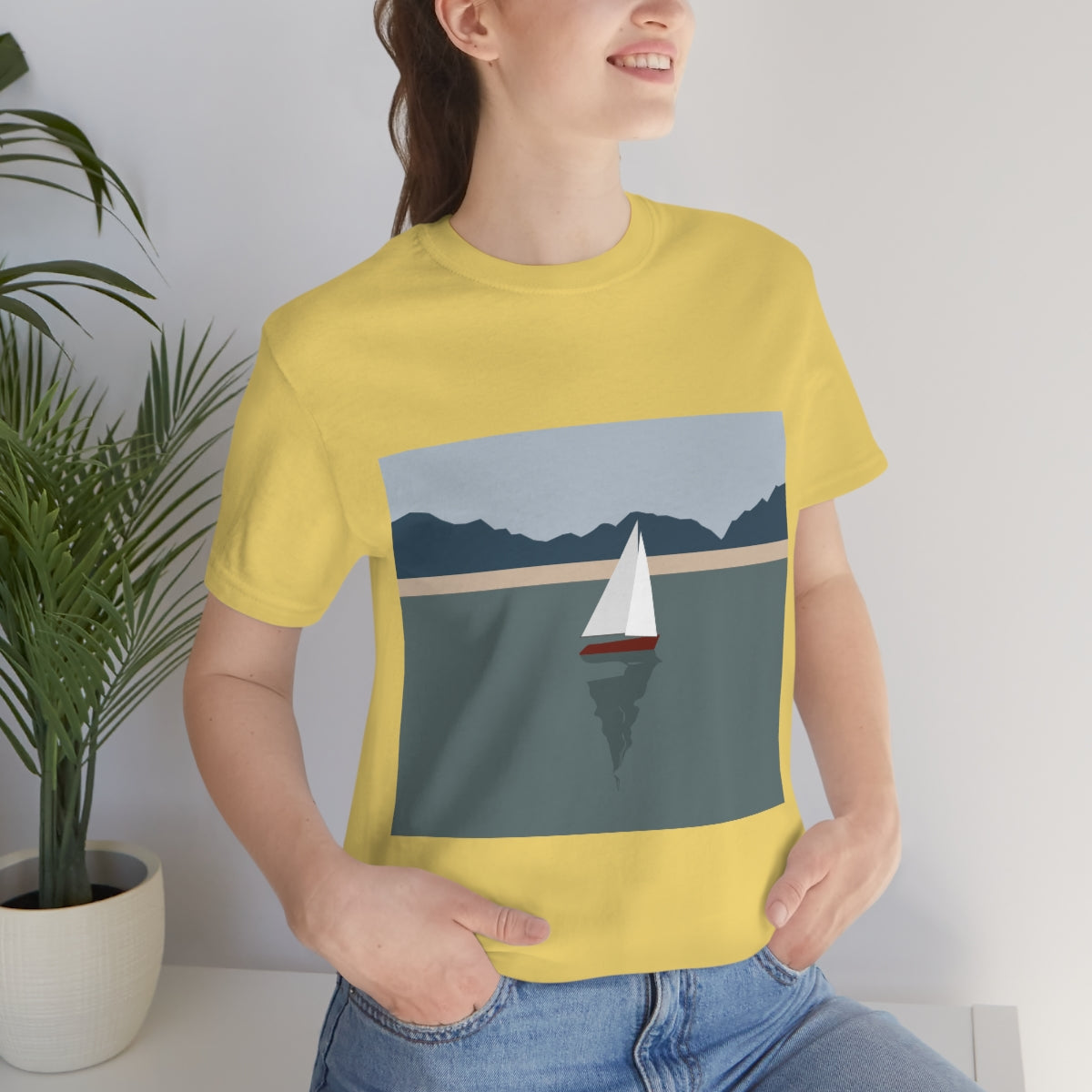 Sailboat Yacht Summertime Sea View Minimal Art Nature Unisex Jersey Short Sleeve T-Shirt Ichaku [Perfect Gifts Selection]