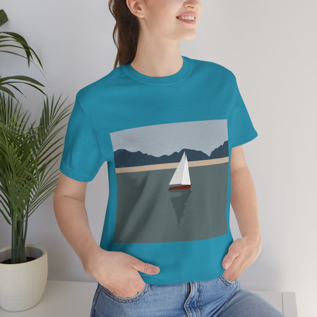 Sailboat Yacht Summertime Sea View Minimal Art Nature Unisex Jersey Short Sleeve T-Shirt Ichaku [Perfect Gifts Selection]