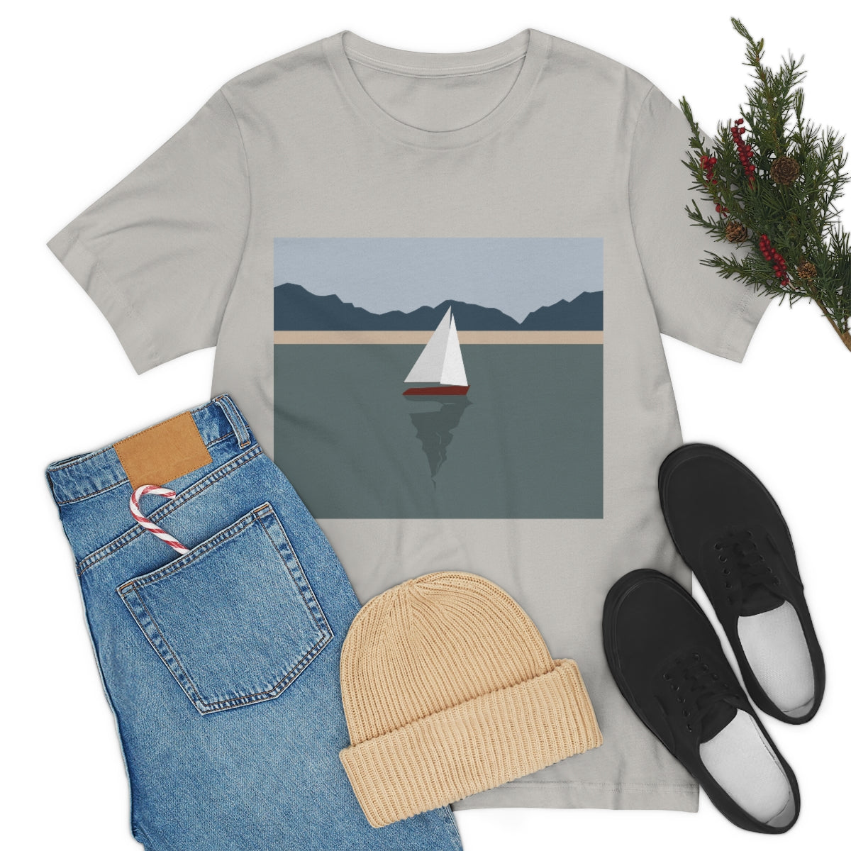 Sailboat Yacht Summertime Sea View Minimal Art Nature Unisex Jersey Short Sleeve T-Shirt Ichaku [Perfect Gifts Selection]