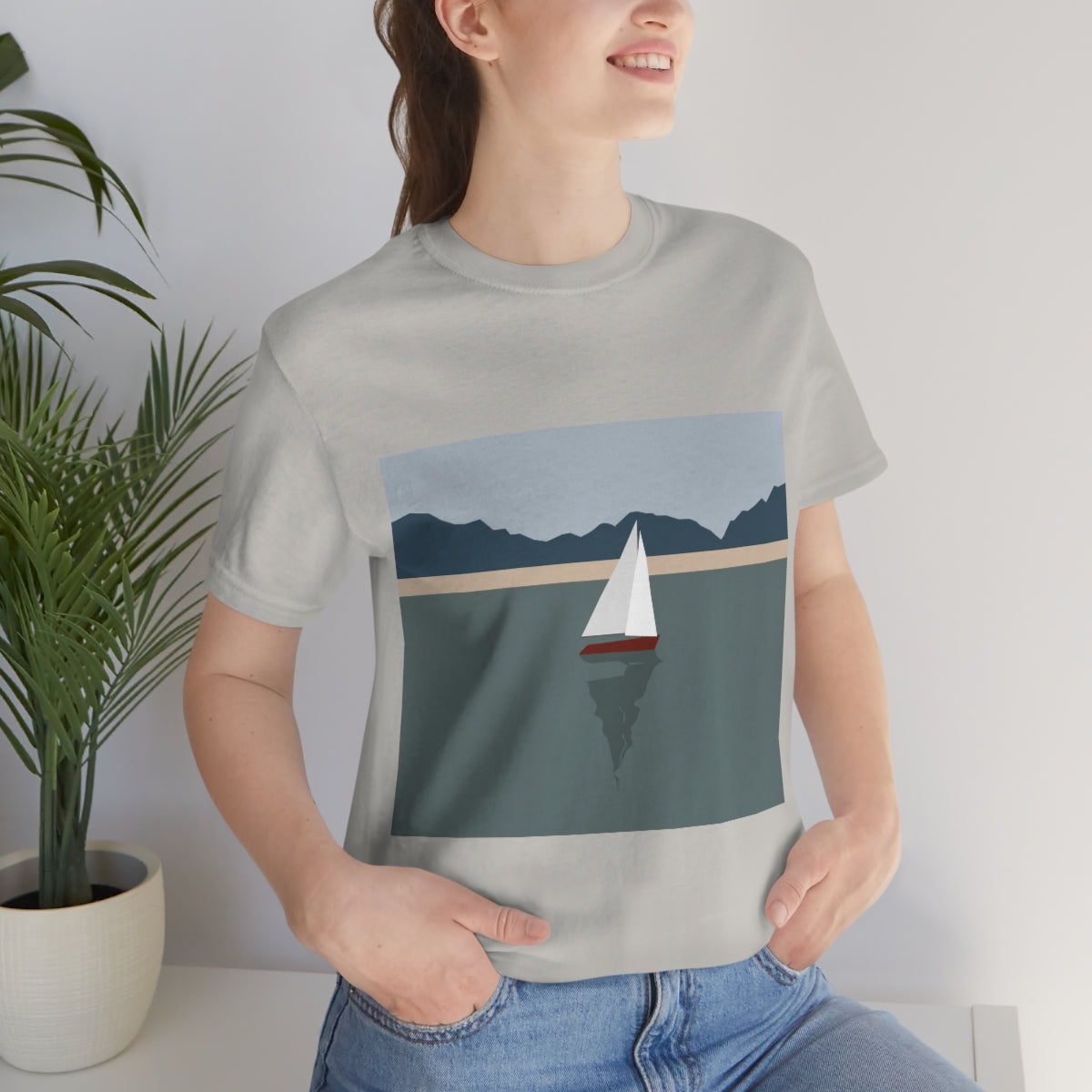 Sailboat Yacht Summertime Sea View Minimal Art Nature Unisex Jersey Short Sleeve T-Shirt Ichaku [Perfect Gifts Selection]