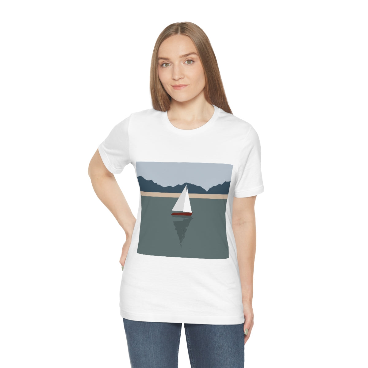 Sailboat Yacht Summertime Sea View Minimal Art Nature Unisex Jersey Short Sleeve T-Shirt Ichaku [Perfect Gifts Selection]