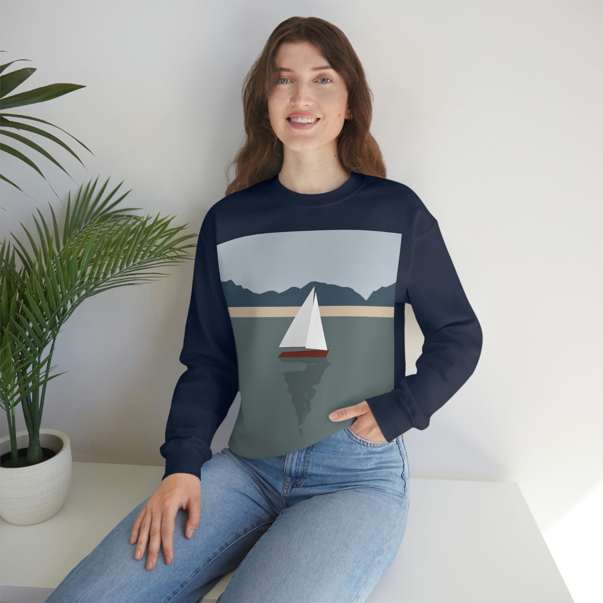 Sailboat Yacht Summertime Sea View Minimal Nature Art Unisex Heavy Blend™ Crewneck Sweatshirt Ichaku [Perfect Gifts Selection]