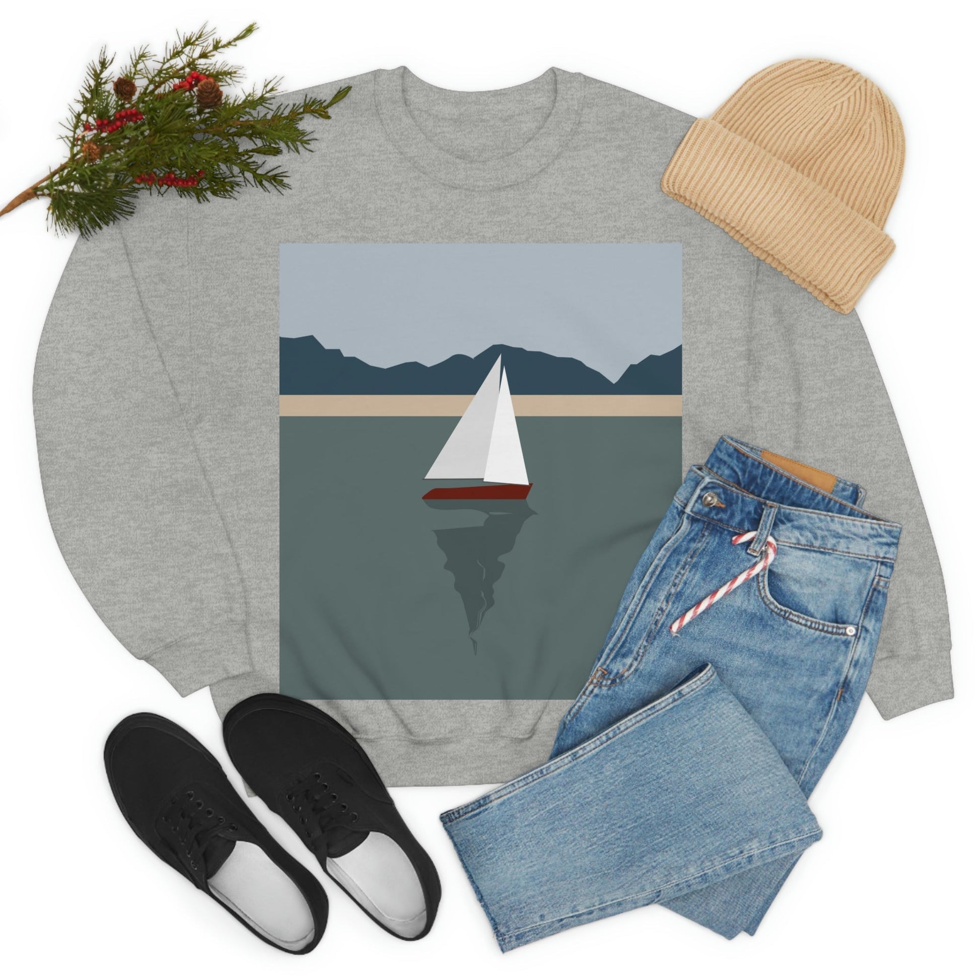 Sailboat Yacht Summertime Sea View Minimal Nature Art Unisex Heavy Blend™ Crewneck Sweatshirt Ichaku [Perfect Gifts Selection]