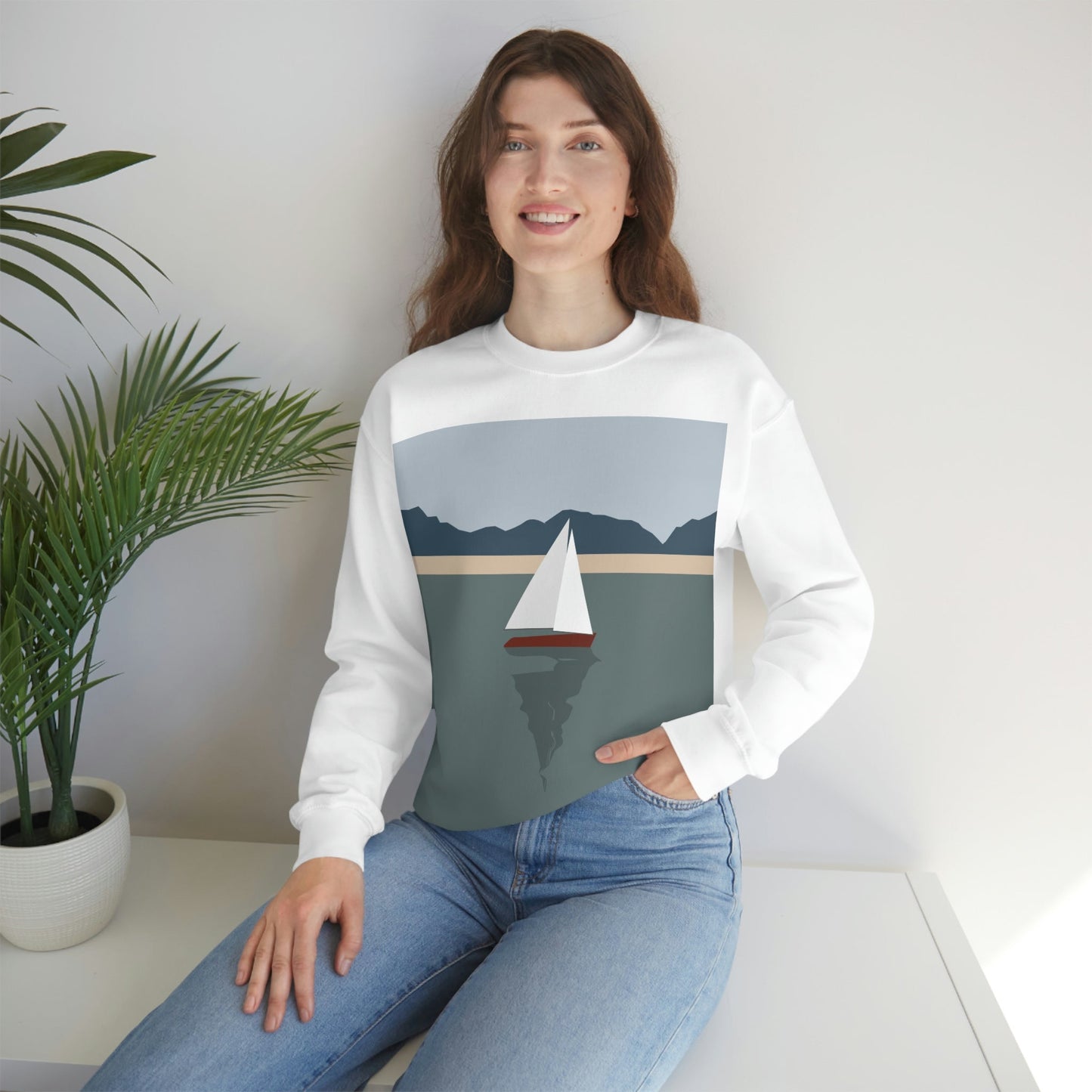 Sailboat Yacht Summertime Sea View Minimal Nature Art Unisex Heavy Blend™ Crewneck Sweatshirt Ichaku [Perfect Gifts Selection]