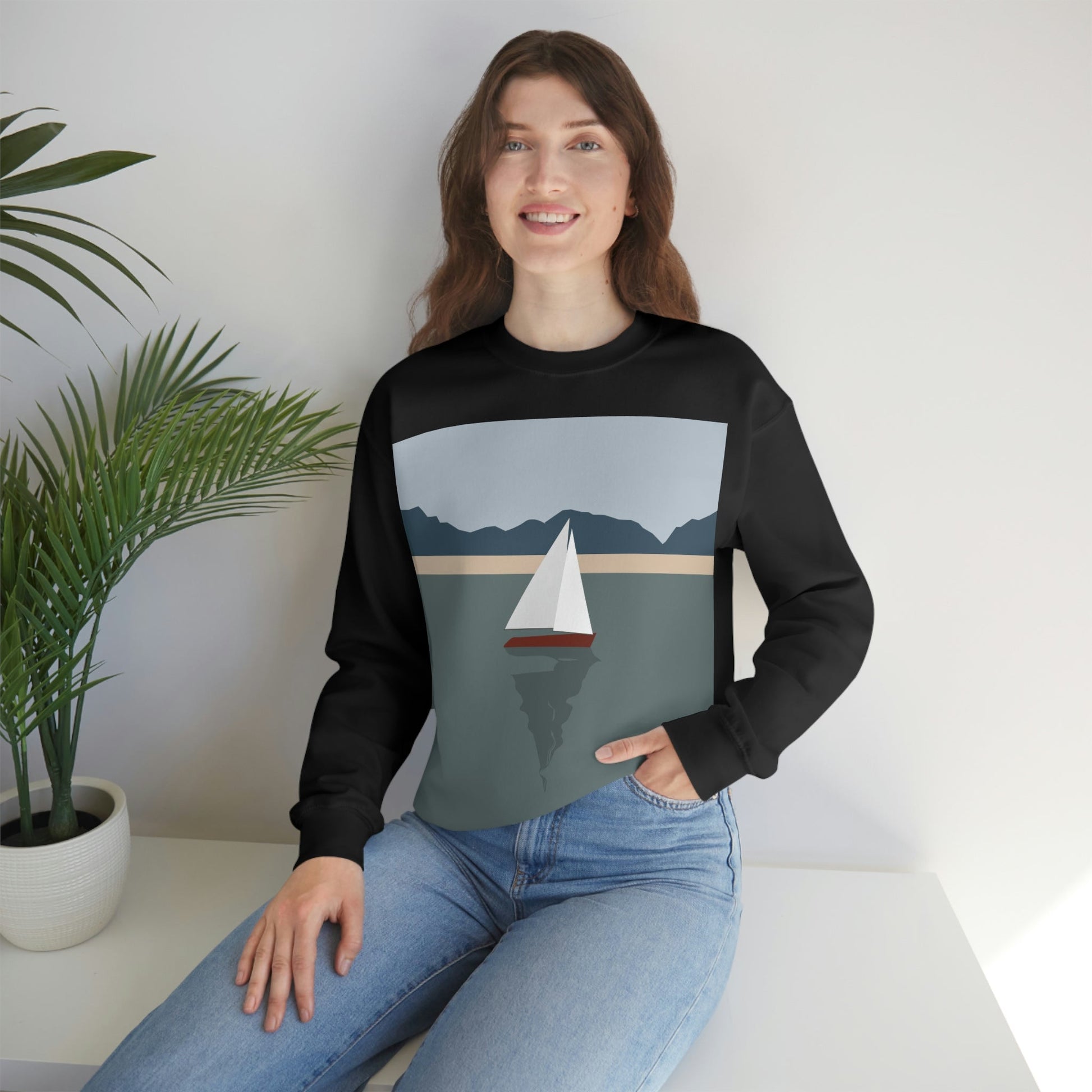 Sailboat Yacht Summertime Sea View Minimal Nature Art Unisex Heavy Blend™ Crewneck Sweatshirt Ichaku [Perfect Gifts Selection]