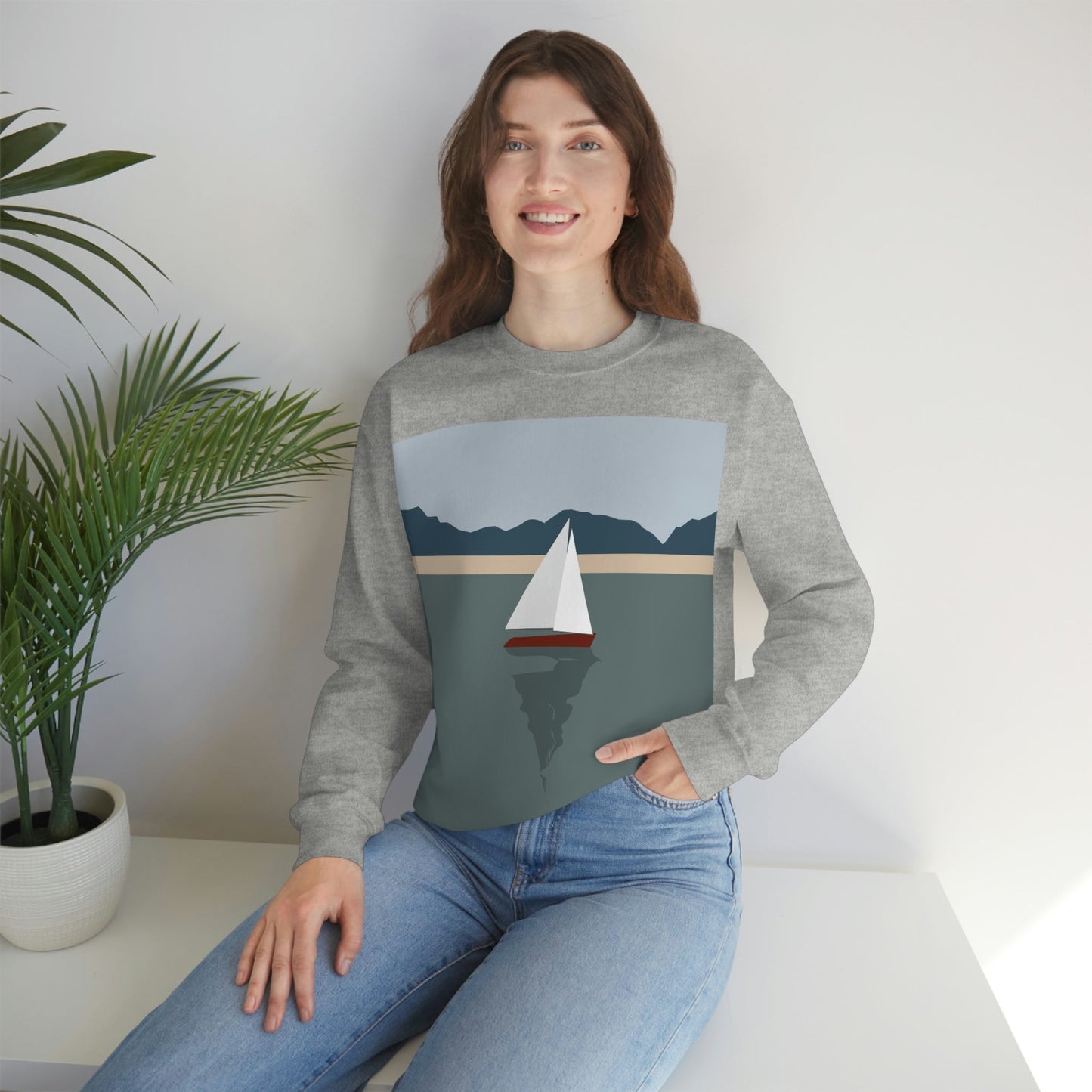 Sailboat Yacht Summertime Sea View Minimal Nature Art Unisex Heavy Blend™ Crewneck Sweatshirt Ichaku [Perfect Gifts Selection]