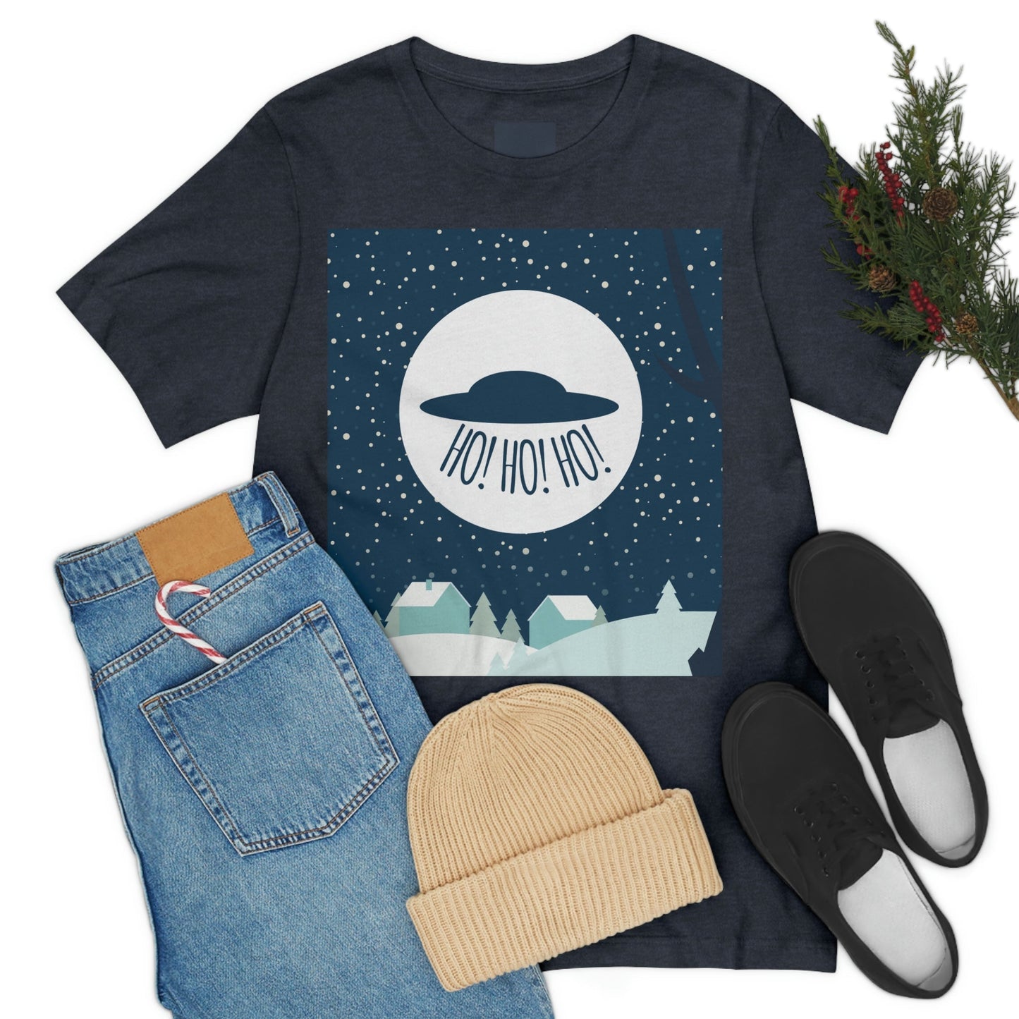 Santa Claus Arrival Merry Christmas Aliens UFO Winter Humor Art Unisex Jersey Short Sleeve T-Shirt Ichaku [Perfect Gifts Selection]