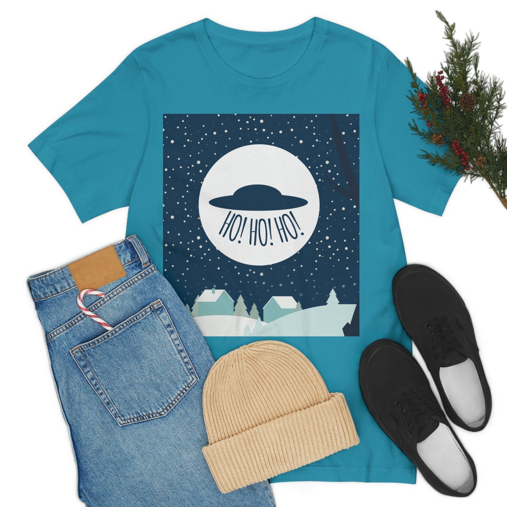 Santa Claus Arrival Merry Christmas Aliens UFO Winter Humor Art Unisex Jersey Short Sleeve T-Shirt Ichaku [Perfect Gifts Selection]