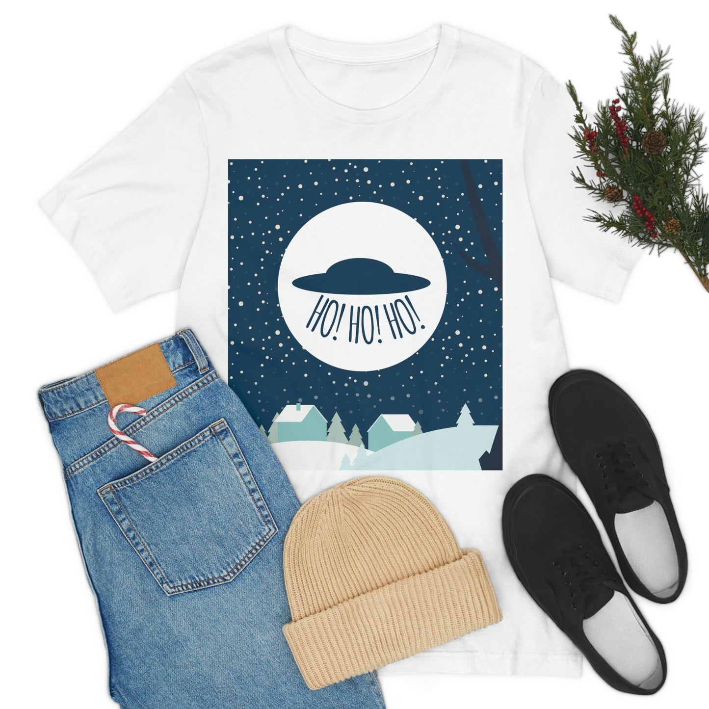 Santa Claus Arrival Merry Christmas Aliens UFO Winter Humor Art Unisex Jersey Short Sleeve T-Shirt Ichaku [Perfect Gifts Selection]