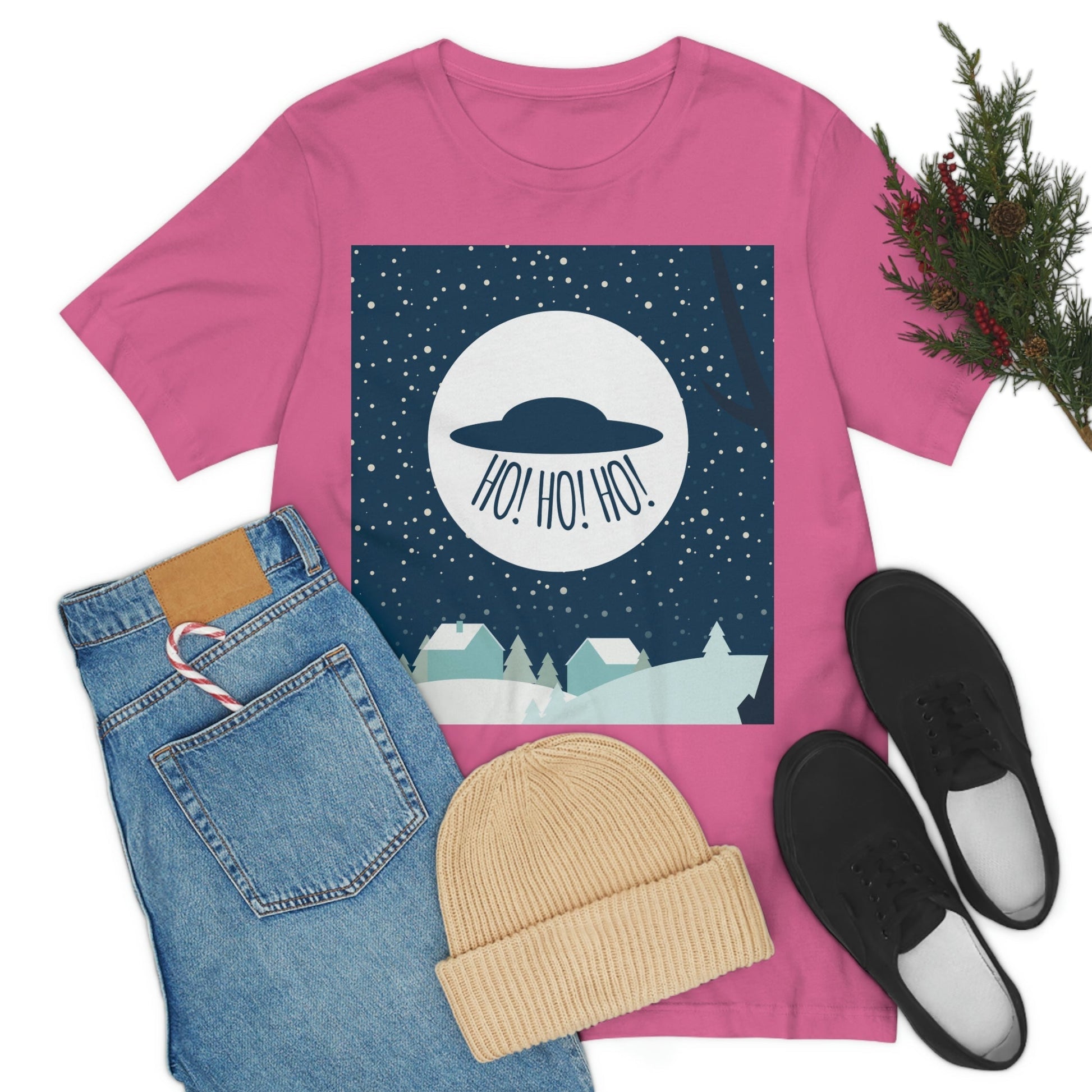 Santa Claus Arrival Merry Christmas Aliens UFO Winter Humor Art Unisex Jersey Short Sleeve T-Shirt Ichaku [Perfect Gifts Selection]