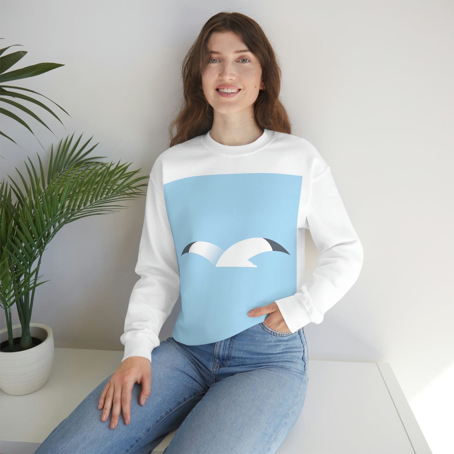 Seagull Flying Bird Minimal Abstract Art Aesthetic Unisex Heavy Blend™ Crewneck Sweatshirt Ichaku [Perfect Gifts Selection]