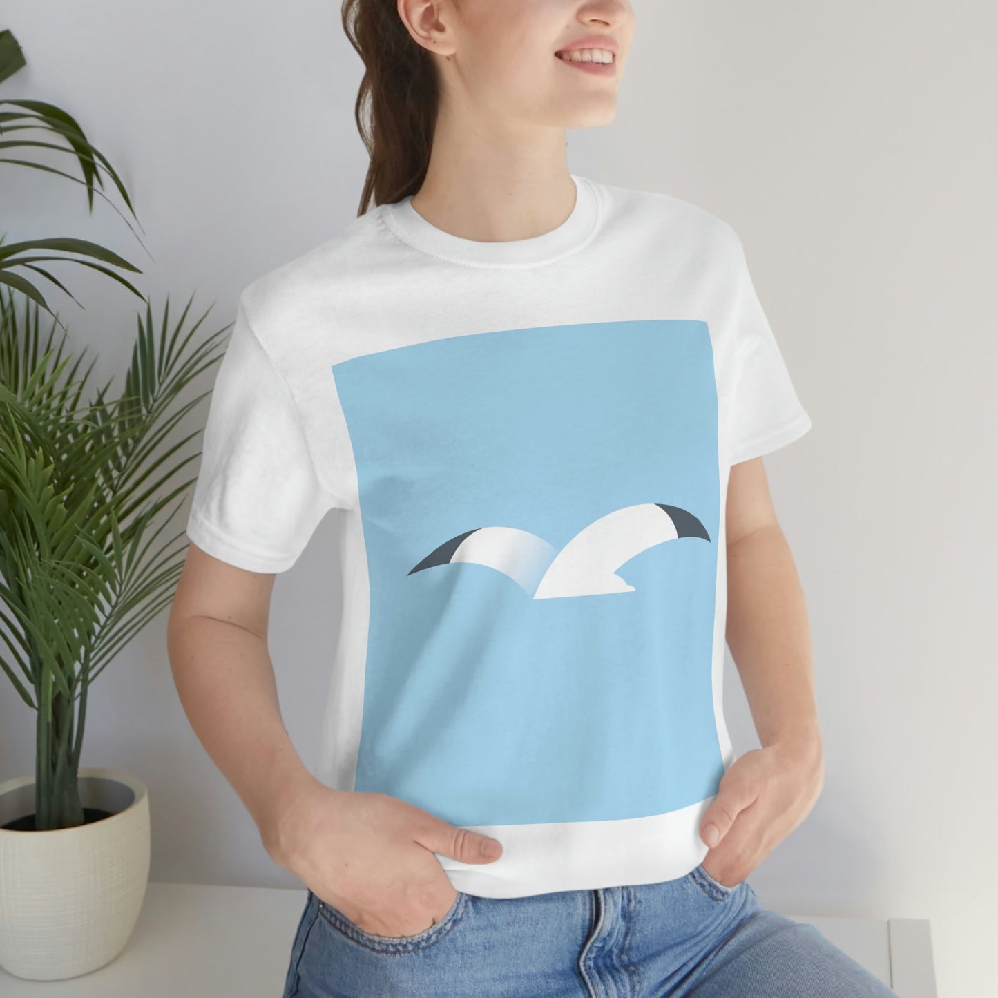 Seagull Flying Bird Minimal Abstract Art Aesthetic Unisex Jersey Short Sleeve T-Shirt Ichaku [Perfect Gifts Selection]