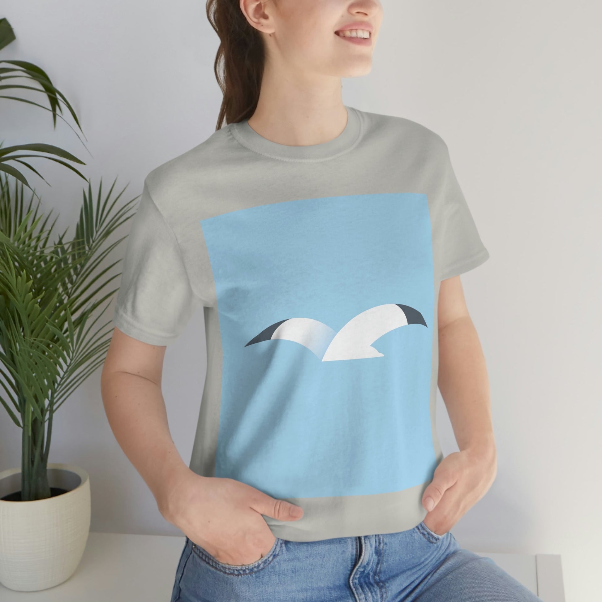 Seagull Flying Bird Minimal Abstract Art Aesthetic Unisex Jersey Short Sleeve T-Shirt Ichaku [Perfect Gifts Selection]