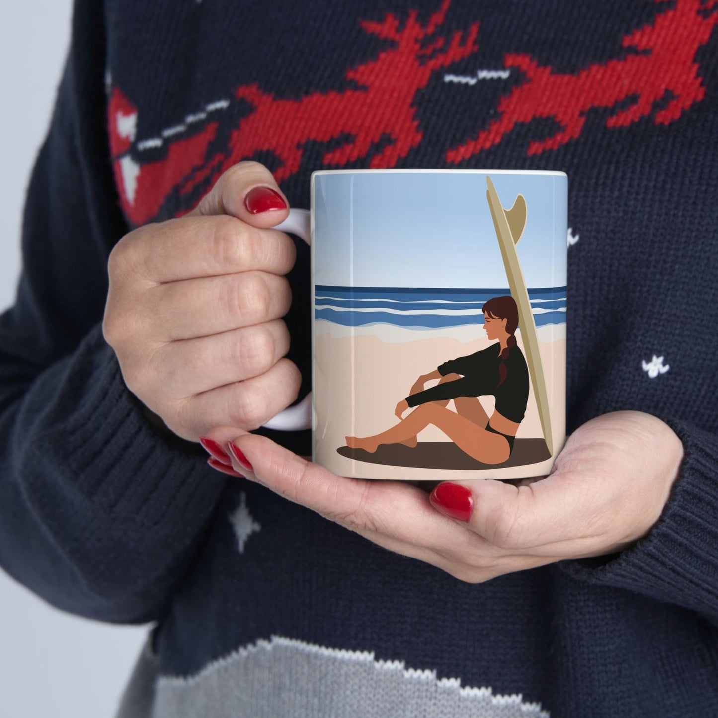 Serenity by the Sea Woman Sitting on Beach Ceramic Mug 11oz Ichaku [Perfect Gifts Selection]