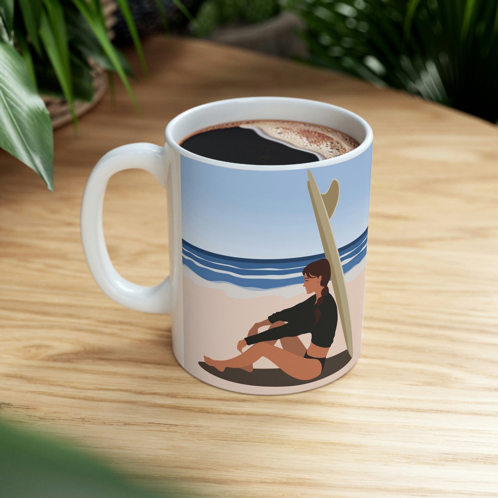 Serenity by the Sea Woman Sitting on Beach Ceramic Mug 11oz Ichaku [Perfect Gifts Selection]