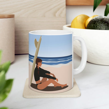 Serenity by the Sea Woman Sitting on Beach Ceramic Mug 11oz Ichaku [Perfect Gifts Selection]