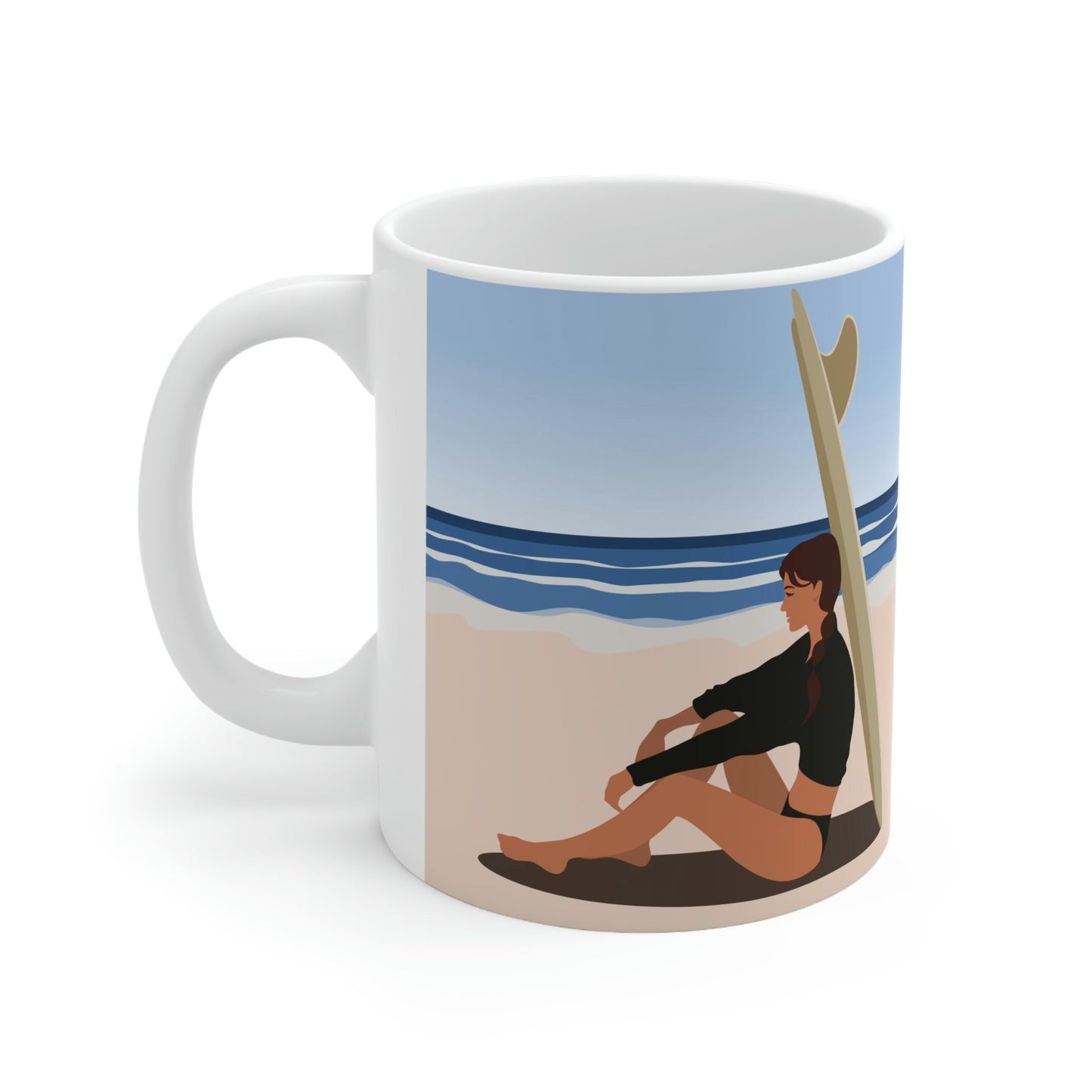 Serenity by the Sea Woman Sitting on Beach Ceramic Mug 11oz Ichaku [Perfect Gifts Selection]