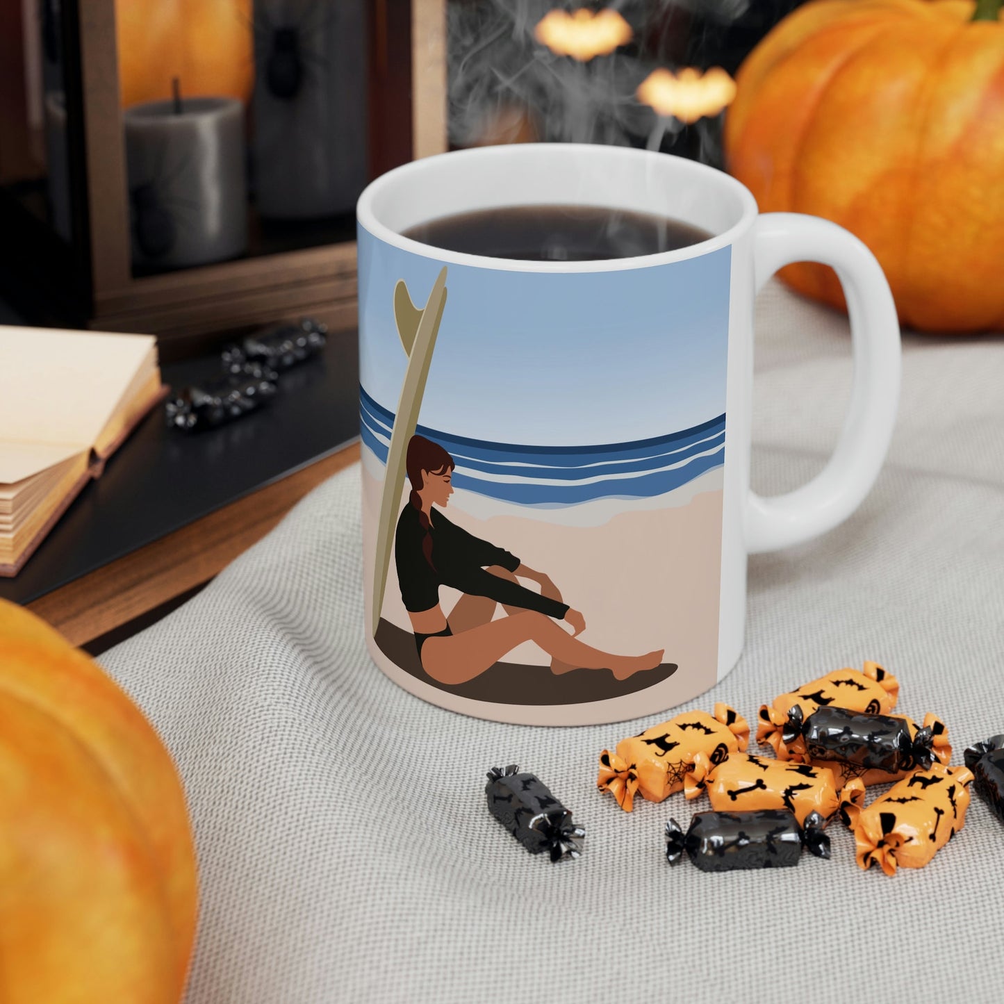 Serenity by the Sea Woman Sitting on Beach Ceramic Mug 11oz Ichaku [Perfect Gifts Selection]