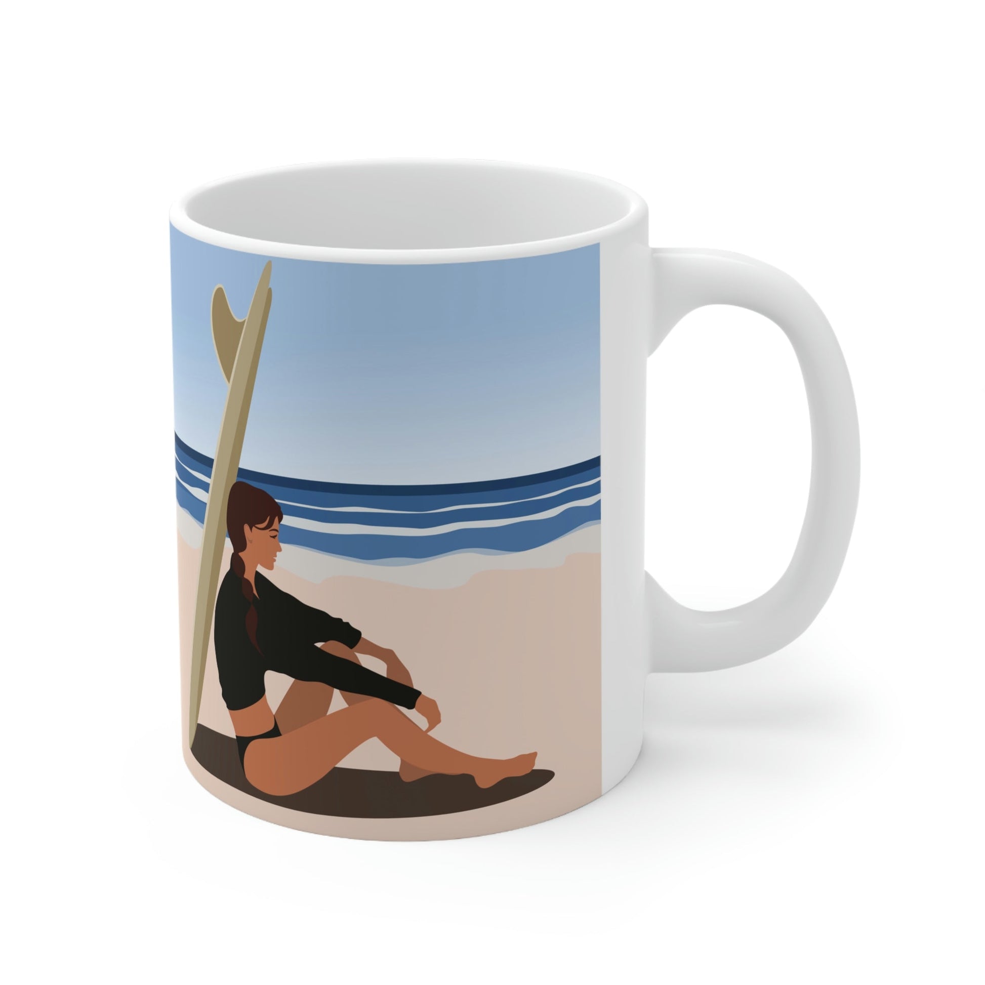 Serenity by the Sea Woman Sitting on Beach Ceramic Mug 11oz Ichaku [Perfect Gifts Selection]