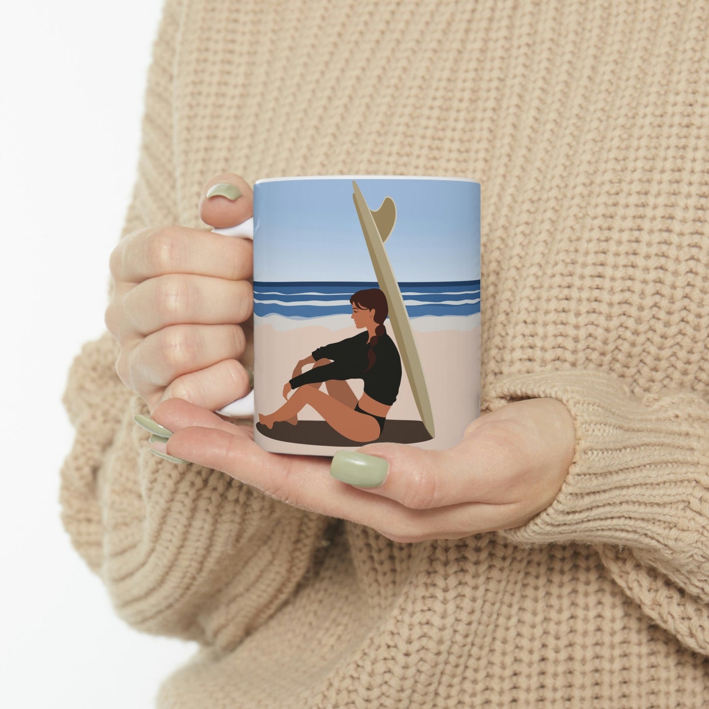 Serenity by the Sea Woman Sitting on Beach Ceramic Mug 11oz Ichaku [Perfect Gifts Selection]