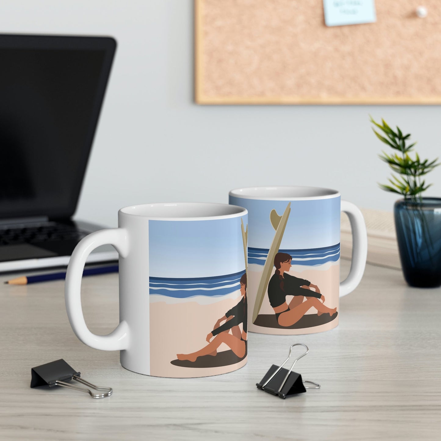 Serenity by the Sea Woman Sitting on Beach Ceramic Mug 11oz Ichaku [Perfect Gifts Selection]