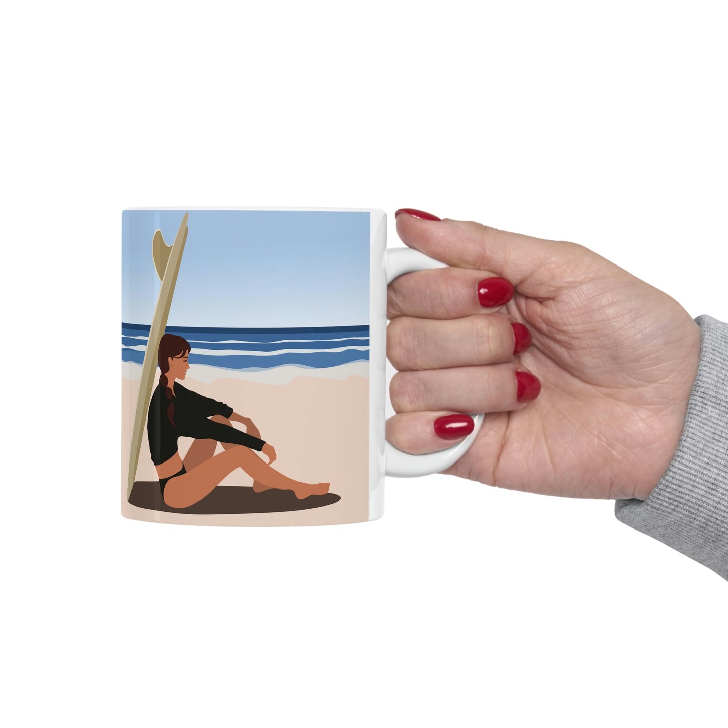 Serenity by the Sea Woman Sitting on Beach Ceramic Mug 11oz Ichaku [Perfect Gifts Selection]