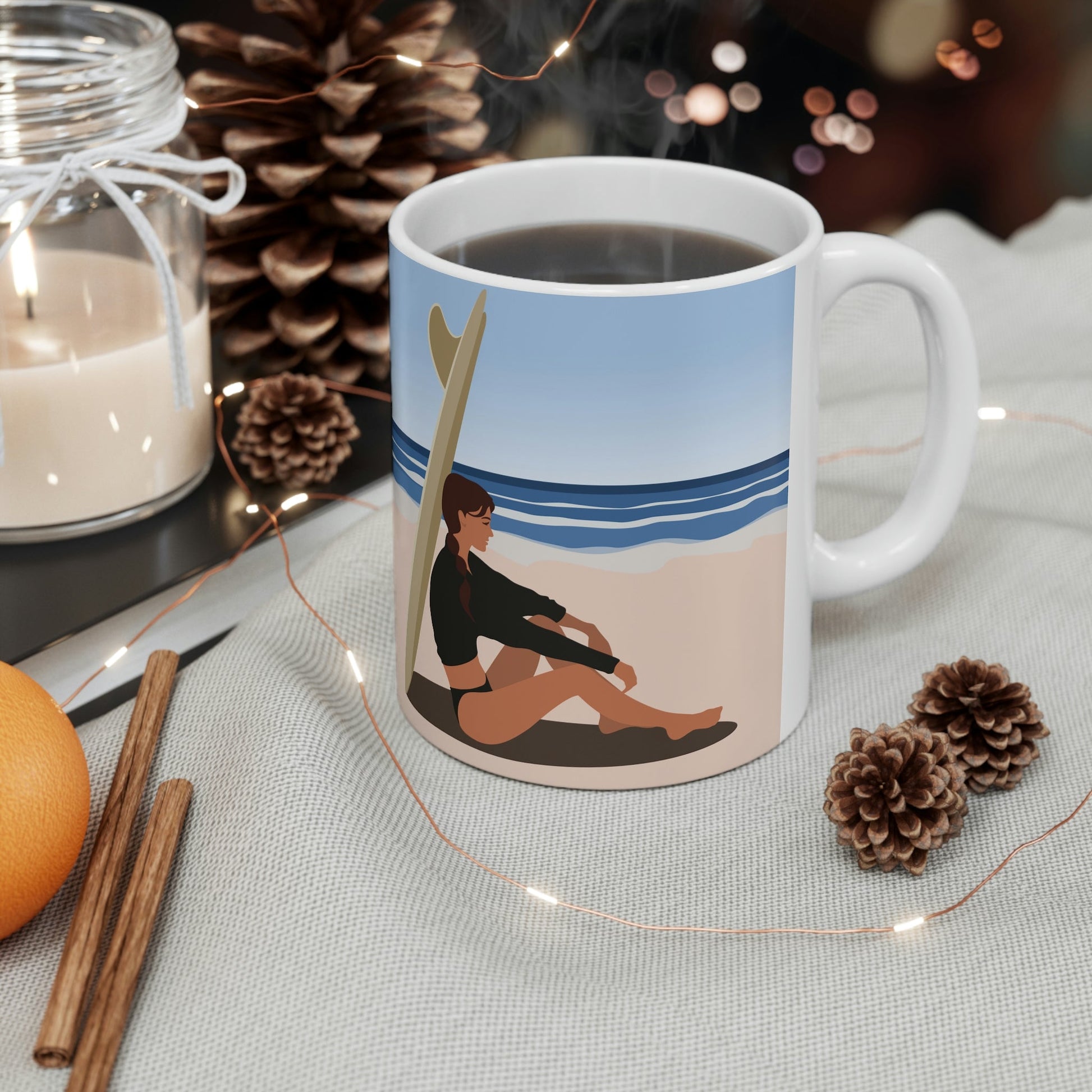 Serenity by the Sea Woman Sitting on Beach Ceramic Mug 11oz Ichaku [Perfect Gifts Selection]