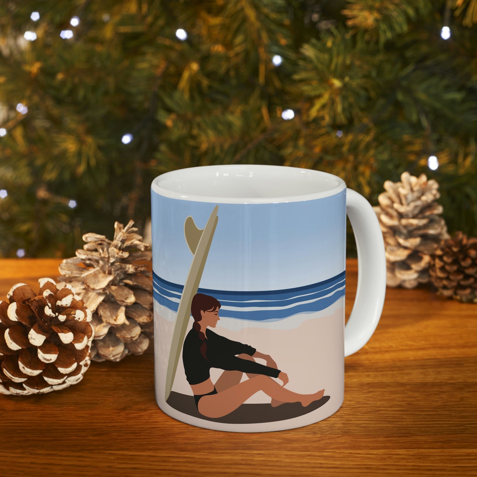 Serenity by the Sea Woman Sitting on Beach Ceramic Mug 11oz Ichaku [Perfect Gifts Selection]