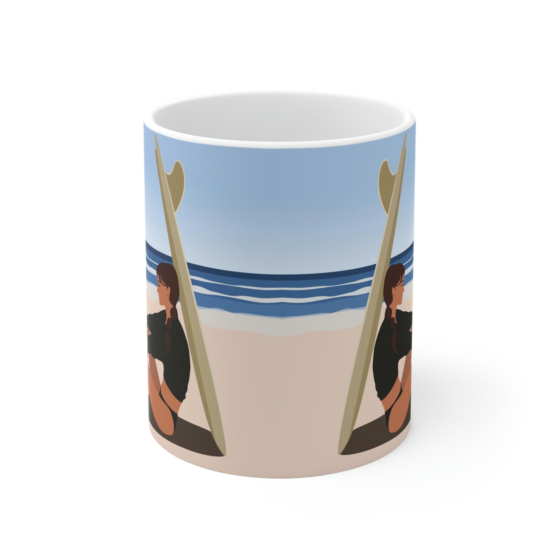 Serenity by the Sea Woman Sitting on Beach Ceramic Mug 11oz Ichaku [Perfect Gifts Selection]