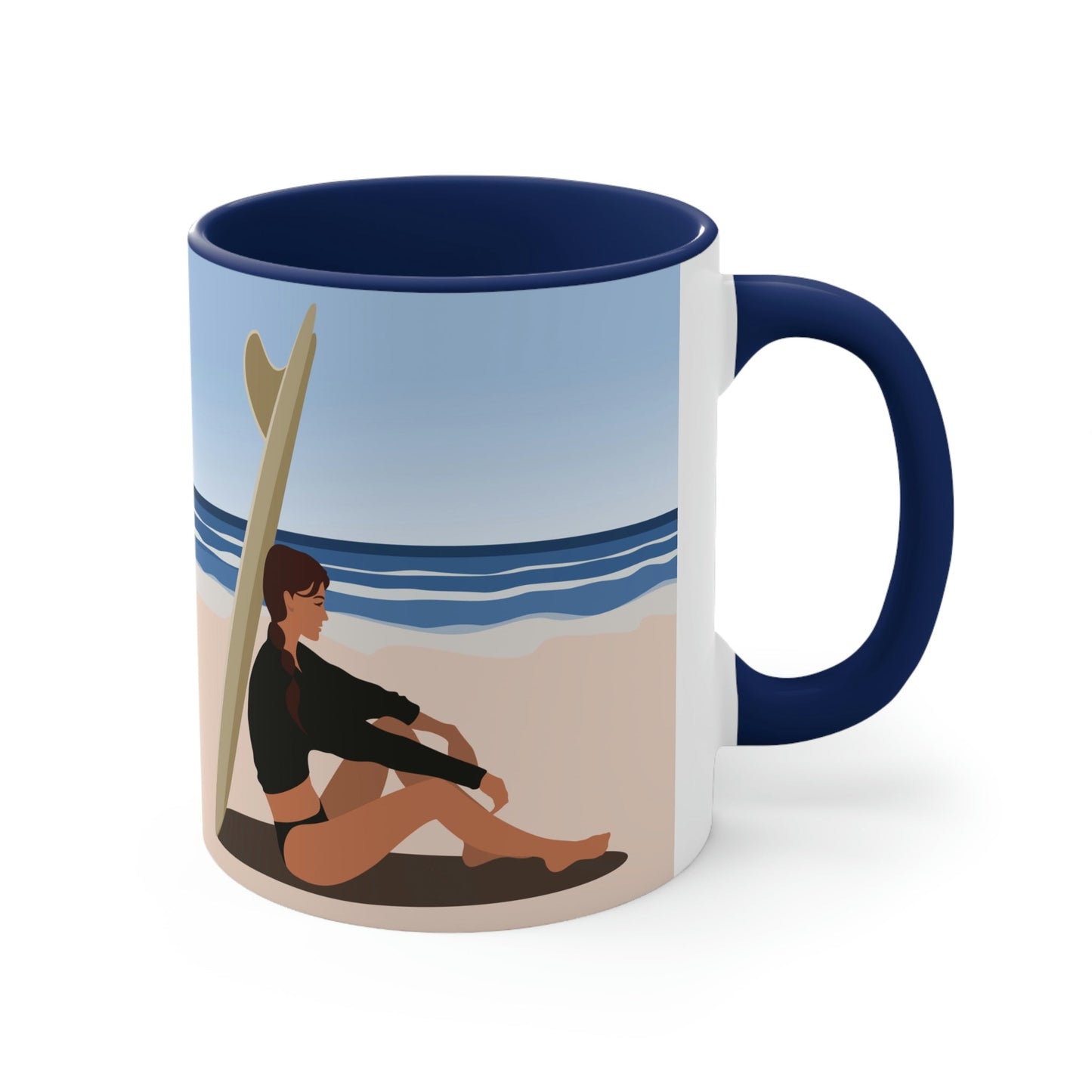 Serenity by the Sea Woman Sitting on Beach Classic Accent Coffee Mug 11oz Ichaku [Perfect Gifts Selection]