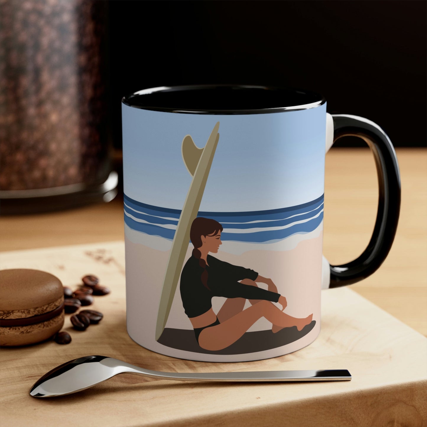 Serenity by the Sea Woman Sitting on Beach Classic Accent Coffee Mug 11oz Ichaku [Perfect Gifts Selection]