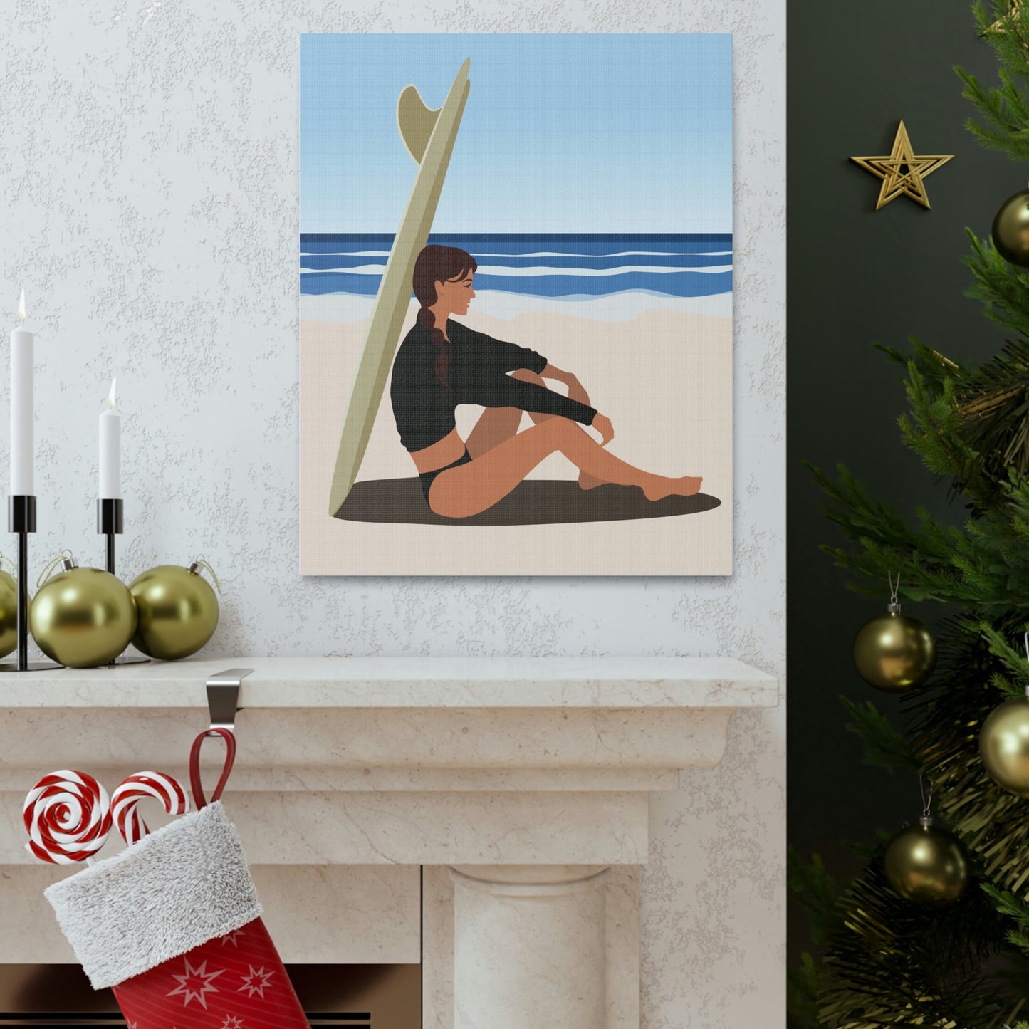 Serenity by the Sea Woman Sitting on Beach Classic Art Canvas Gallery Wraps Ichaku [Perfect Gifts Selection]