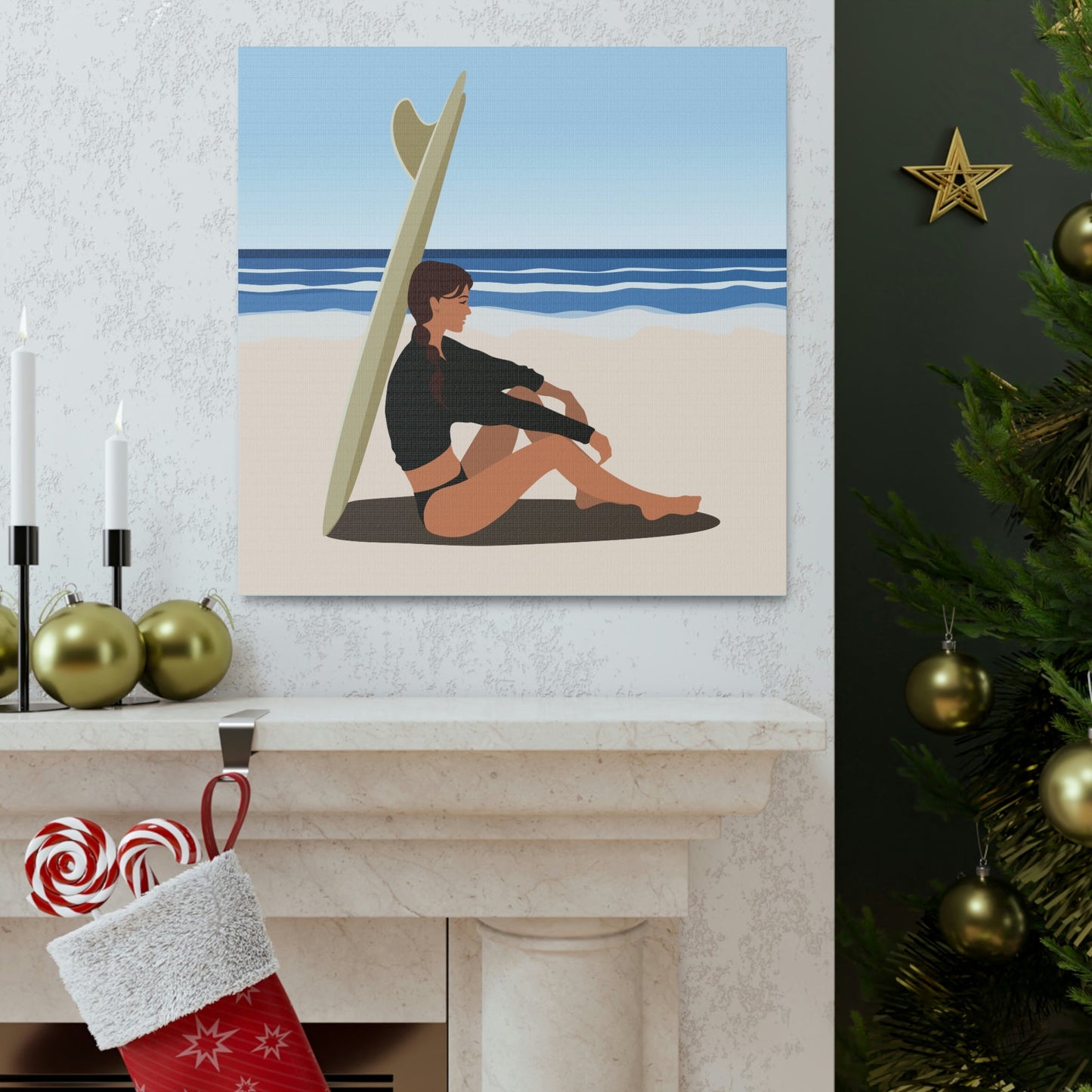 Serenity by the Sea Woman Sitting on Beach Classic Art Canvas Gallery Wraps Ichaku [Perfect Gifts Selection]