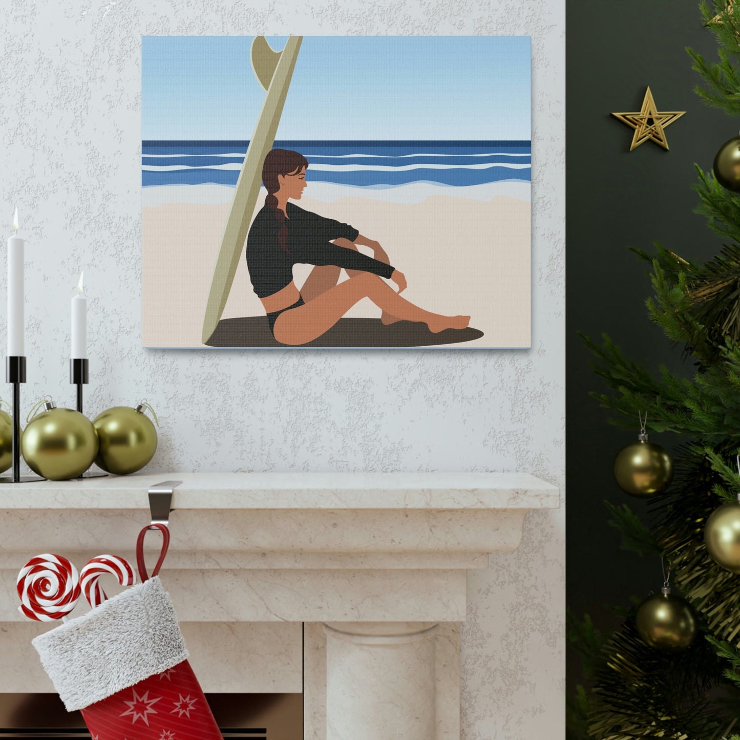 Serenity by the Sea Woman Sitting on Beach Classic Art Canvas Gallery Wraps Ichaku [Perfect Gifts Selection]