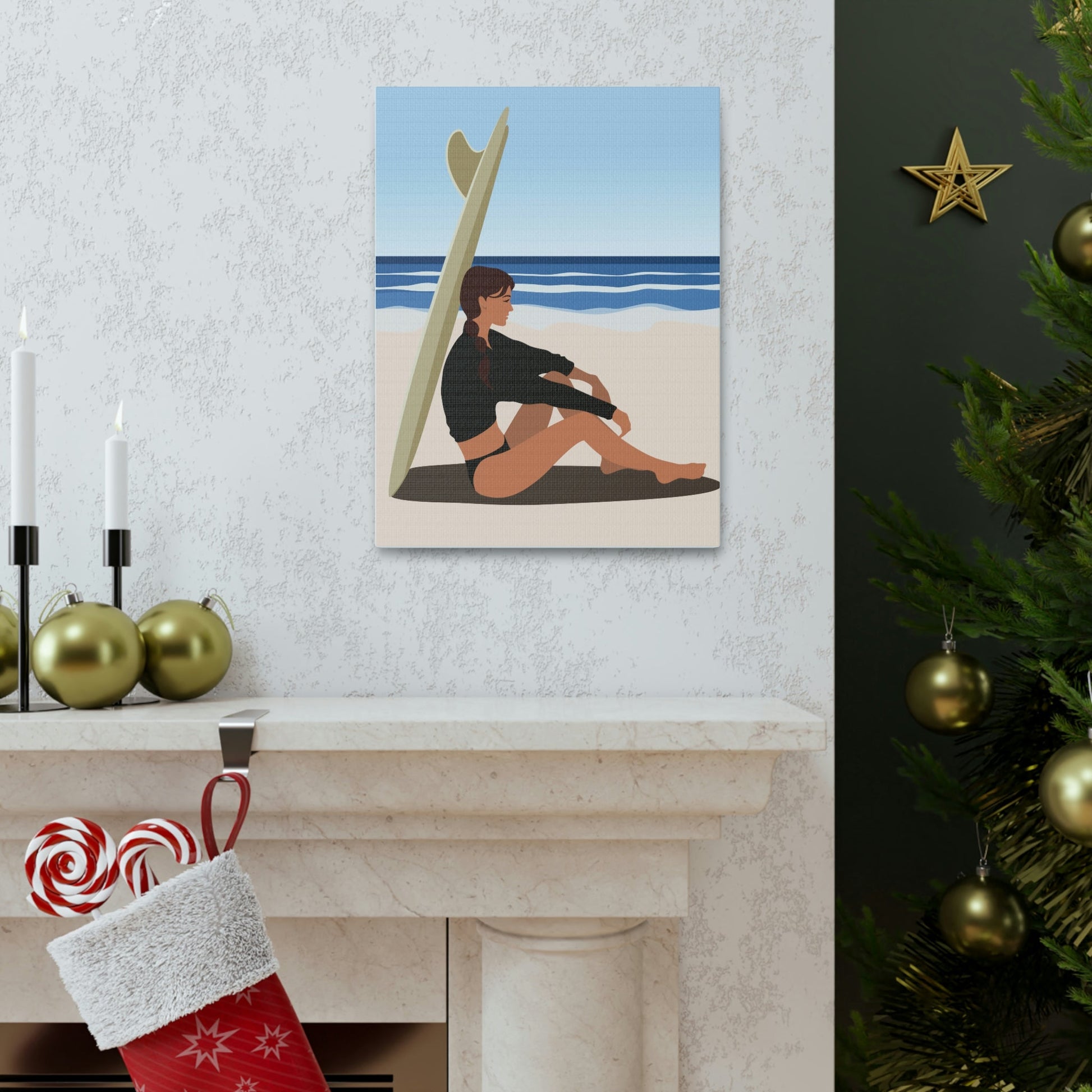 Serenity by the Sea Woman Sitting on Beach Classic Art Canvas Gallery Wraps Ichaku [Perfect Gifts Selection]