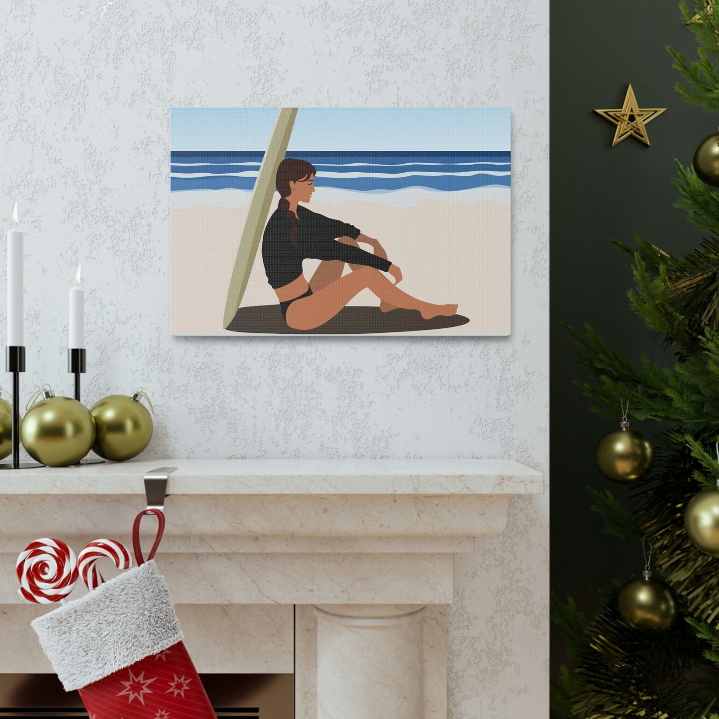 Serenity by the Sea Woman Sitting on Beach Classic Art Canvas Gallery Wraps Ichaku [Perfect Gifts Selection]