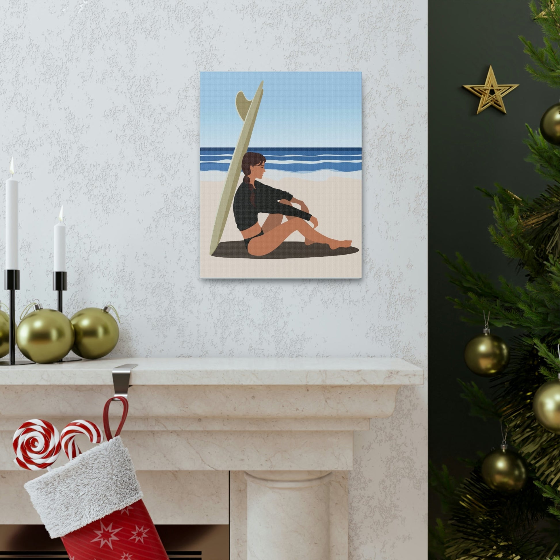 Serenity by the Sea Woman Sitting on Beach Classic Art Canvas Gallery Wraps Ichaku [Perfect Gifts Selection]