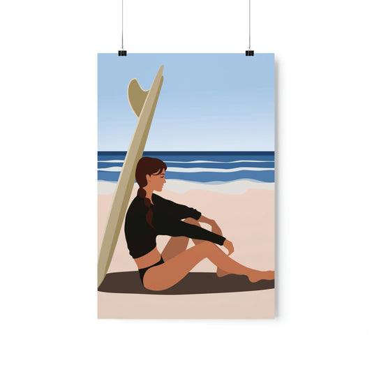 Serenity by the Sea Woman Sitting on Beach Classic Premium Matte Vertical Posters Ichaku [Perfect Gifts Selection]