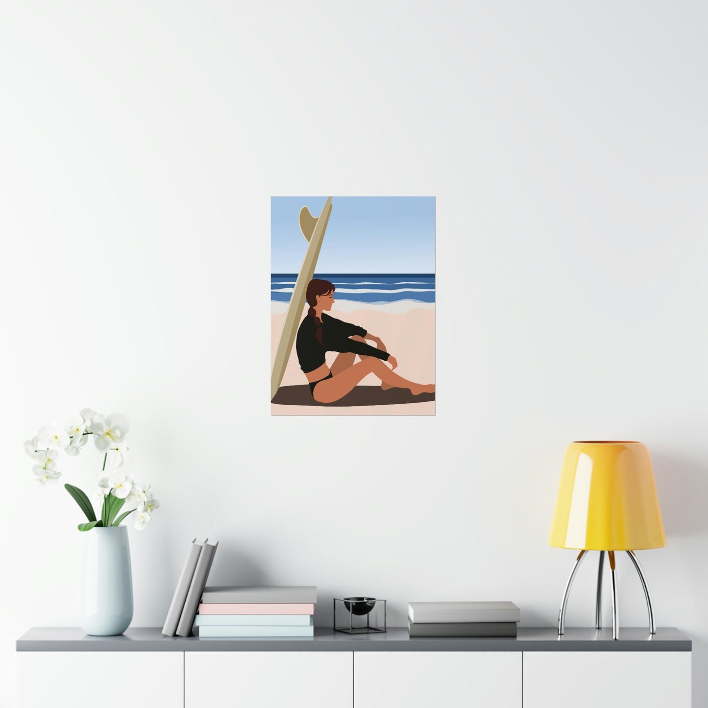 Serenity by the Sea Woman Sitting on Beach Classic Premium Matte Vertical Posters Ichaku [Perfect Gifts Selection]