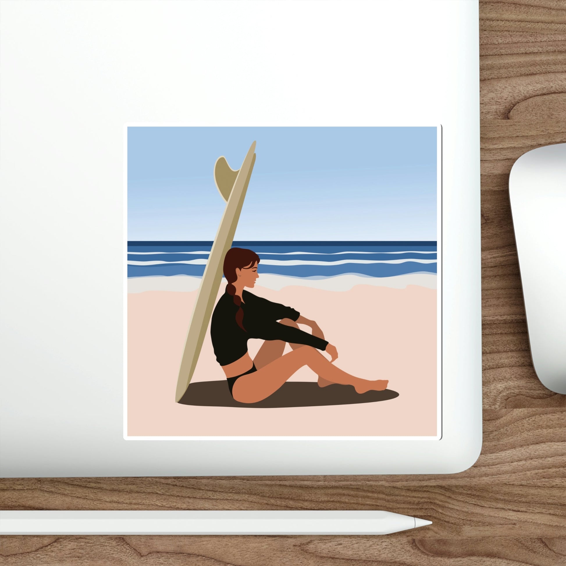 Serenity by the Sea Woman Sitting on Beach Die-Cut Sticker Ichaku [Perfect Gifts Selection]