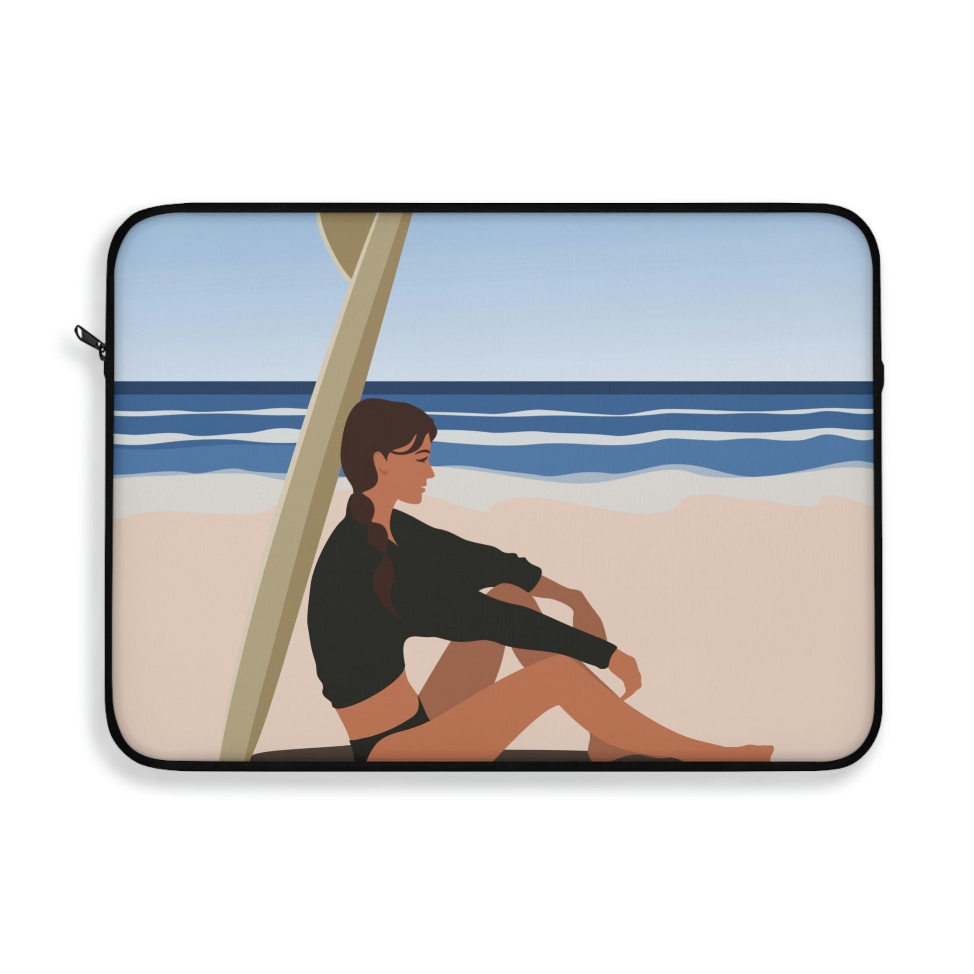 Serenity by the Sea Woman Sitting on Beach Graphic Laptop Sleeve Ichaku [Perfect Gifts Selection]