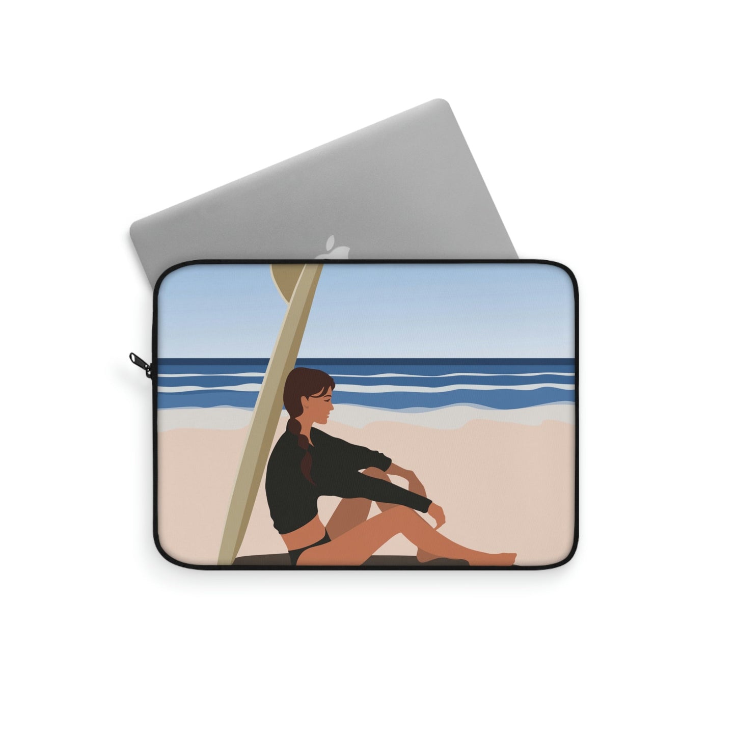 Serenity by the Sea Woman Sitting on Beach Graphic Laptop Sleeve Ichaku [Perfect Gifts Selection]