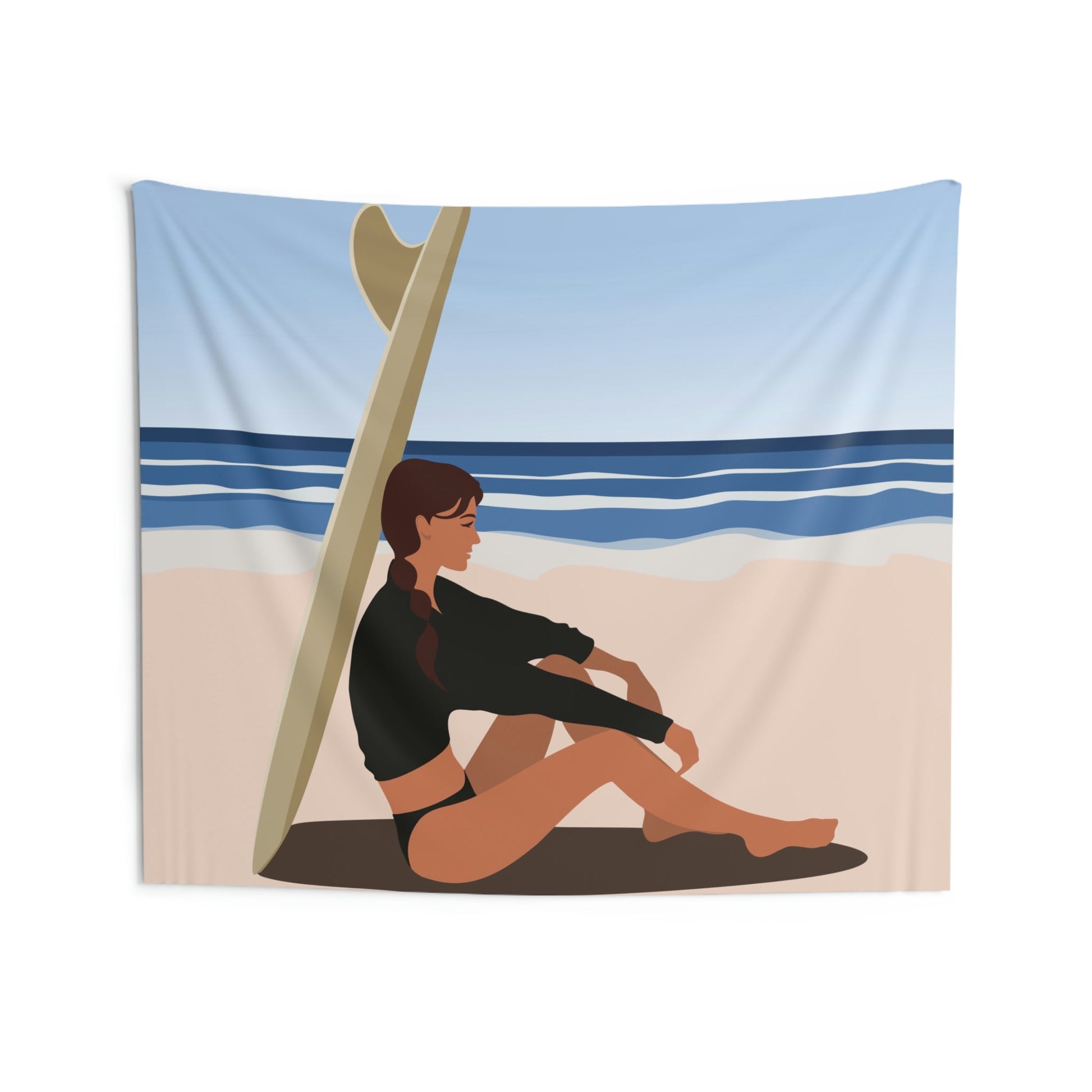 Serenity by the Sea Woman Sitting on Beach Indoor Wall Tapestries Ichaku [Perfect Gifts Selection]