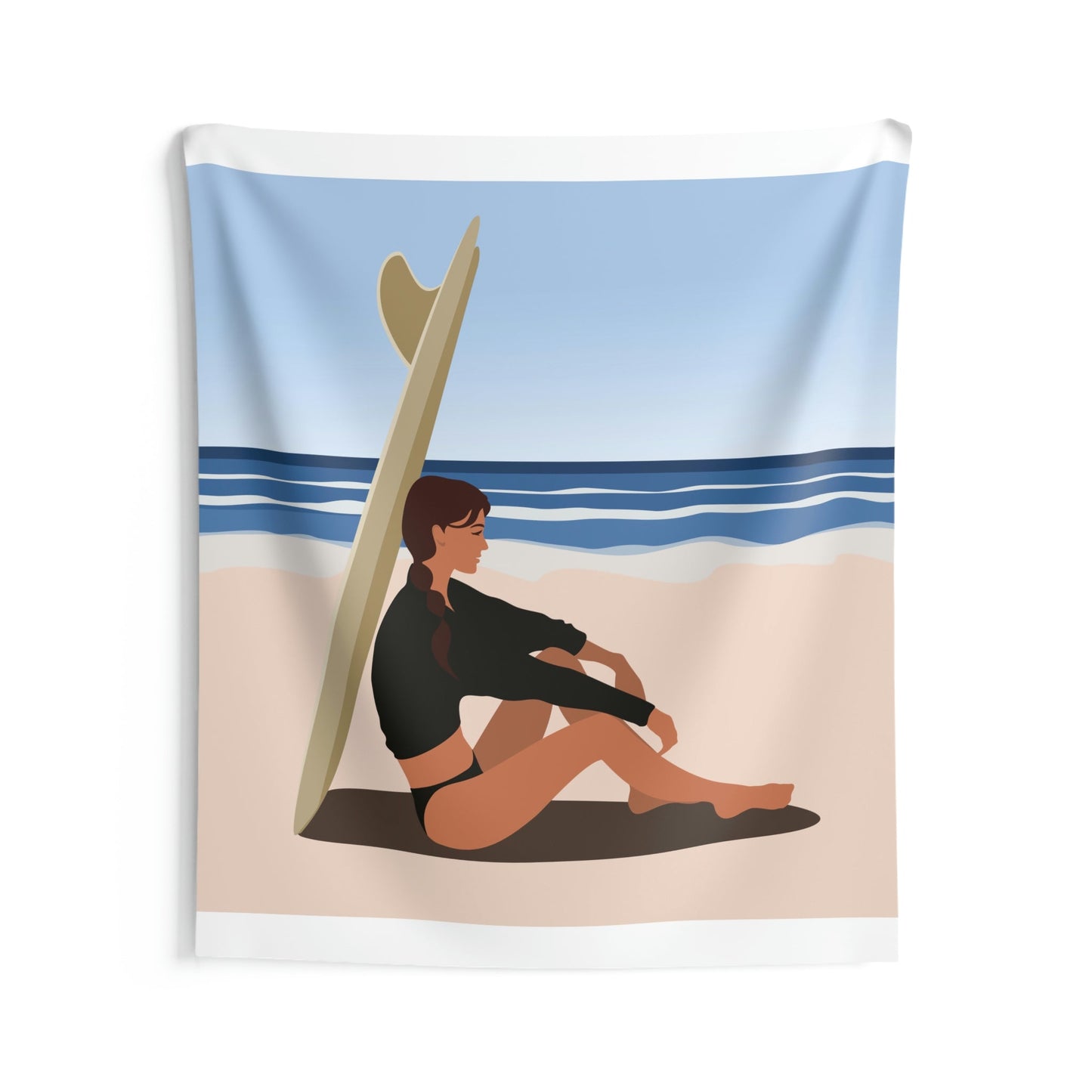Serenity by the Sea Woman Sitting on Beach Indoor Wall Tapestries Ichaku [Perfect Gifts Selection]