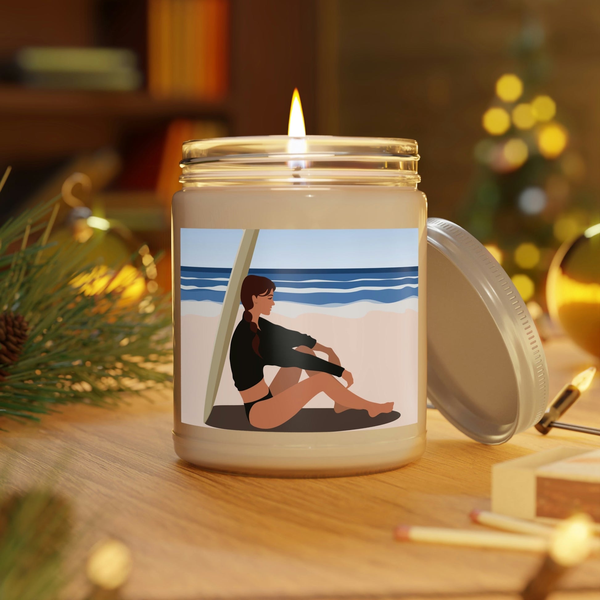 Serenity by the Sea Woman Sitting on Beach Scented Candle Up to 60hSoy Wax 9oz Ichaku [Perfect Gifts Selection]
