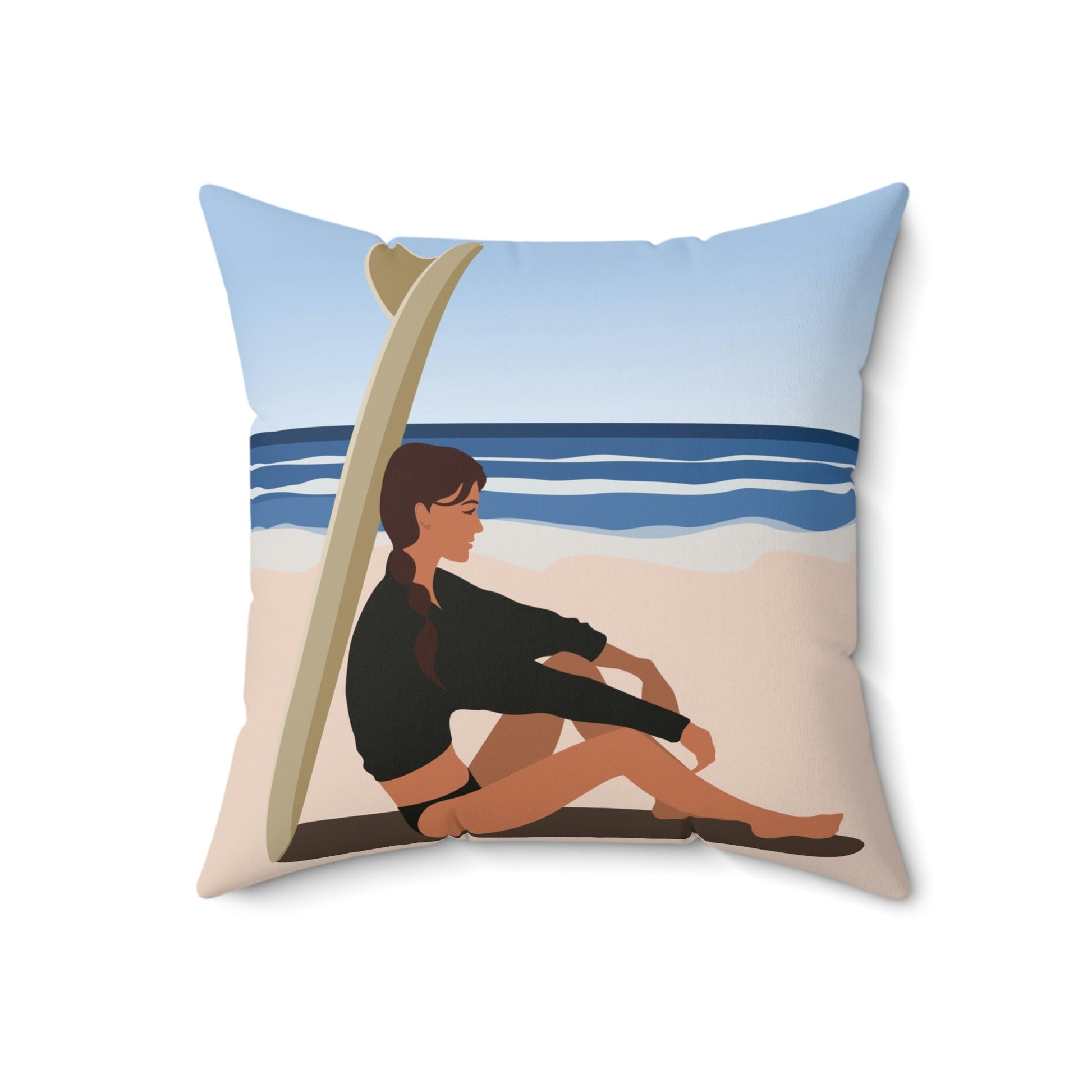 Serenity by the Sea Woman Sitting on Beach Spun Polyester Square Pillow Ichaku [Perfect Gifts Selection]
