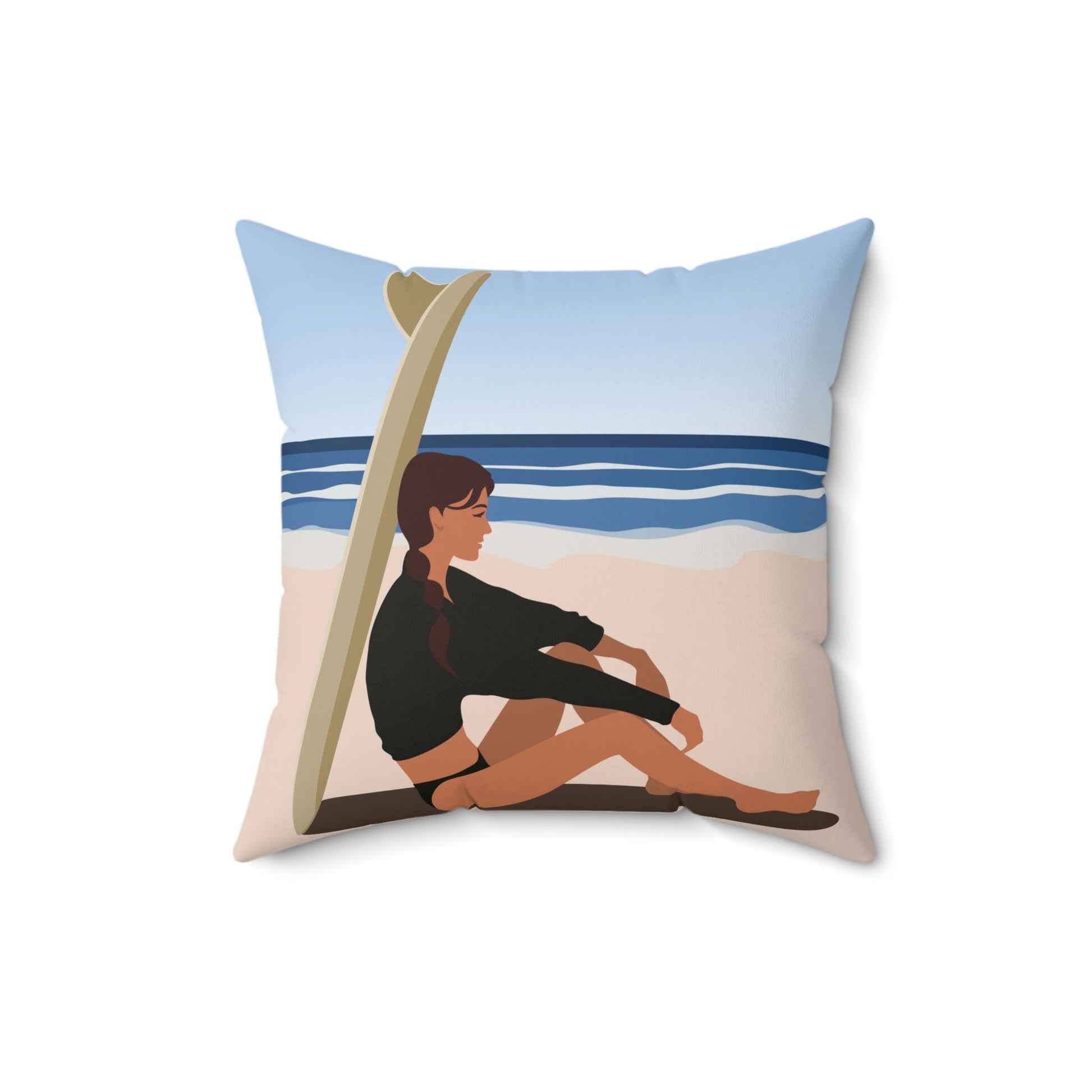 Serenity by the Sea Woman Sitting on Beach Spun Polyester Square Pillow Ichaku [Perfect Gifts Selection]