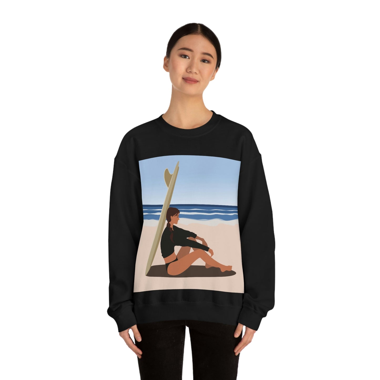 Serenity by the Sea Woman Sitting on Beach Unisex Heavy Blend™ Crewneck Sweatshirt Ichaku [Perfect Gifts Selection]