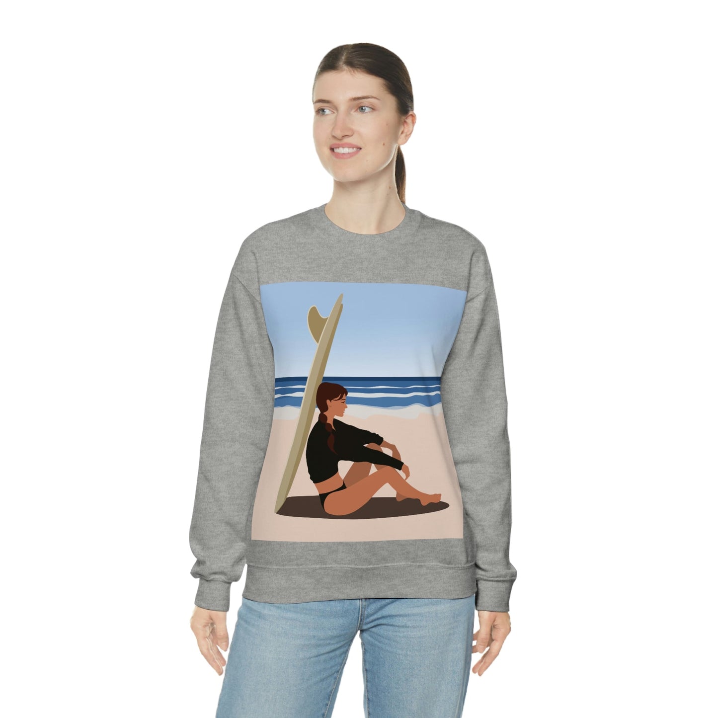Serenity by the Sea Woman Sitting on Beach Unisex Heavy Blend™ Crewneck Sweatshirt Ichaku [Perfect Gifts Selection]