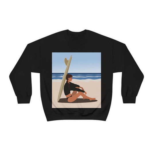 Serenity by the Sea Woman Sitting on Beach Unisex Heavy Blend™ Crewneck Sweatshirt Ichaku [Perfect Gifts Selection]